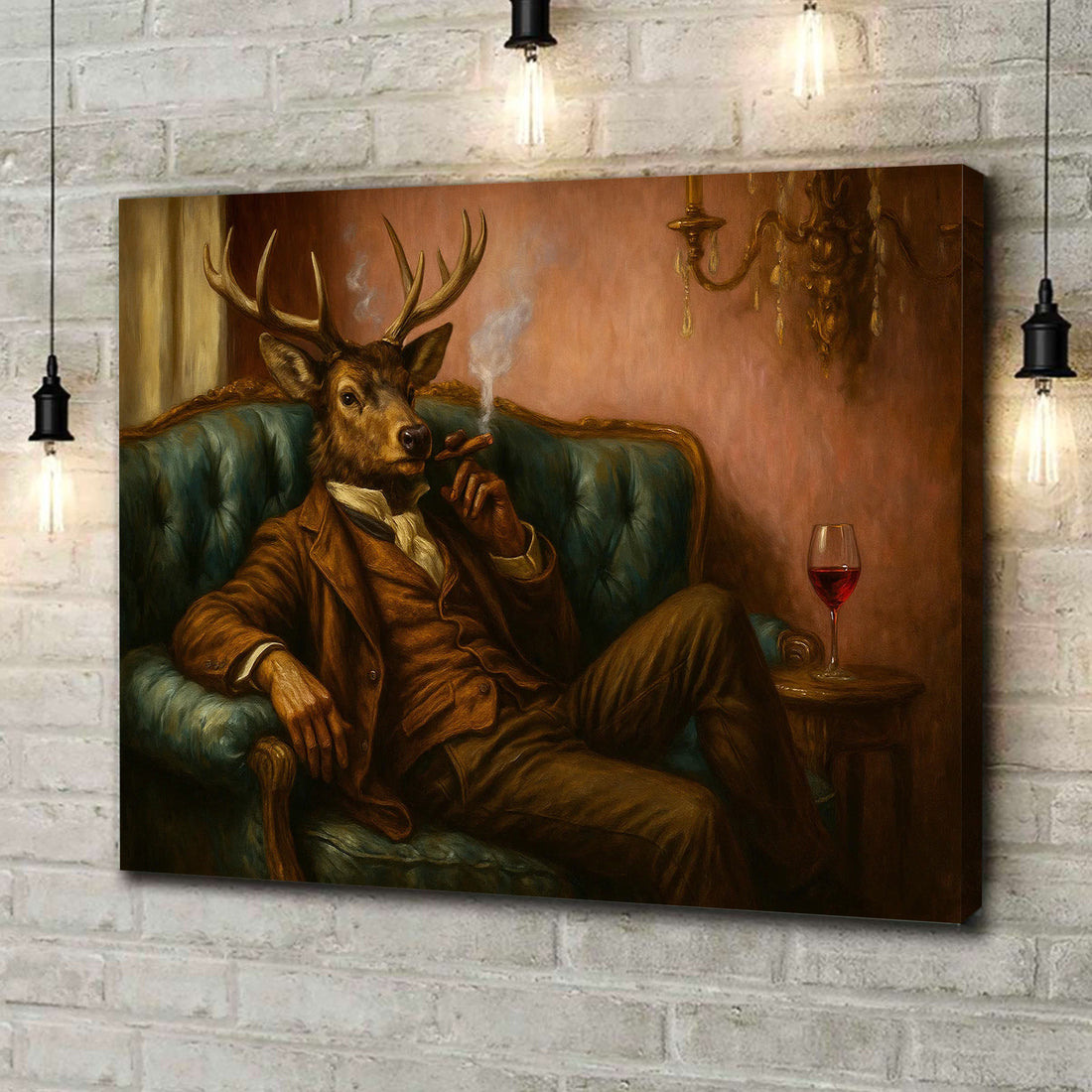 Deer Gentleman Canvas Wall Art – Dapper Buck in Suit on Teal Sofa, Vintage Lounge Portrait, Whimsical Animal Decor