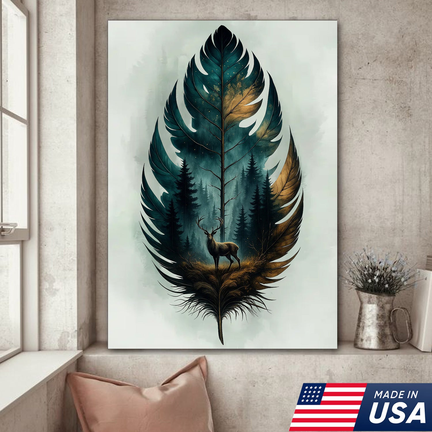 Rustic Deer And Feather Canvas Wall Art – Nature Forest Wildlife Print – Cabin & Lodge Hunting Decor