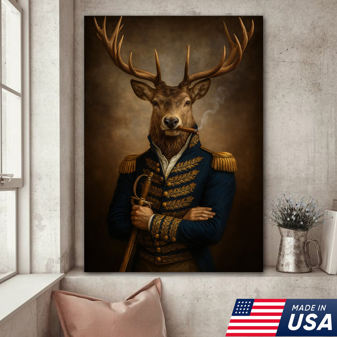 Regal Deer General Canvas Wall Art, Stag in Blue Military Uniform Portrait