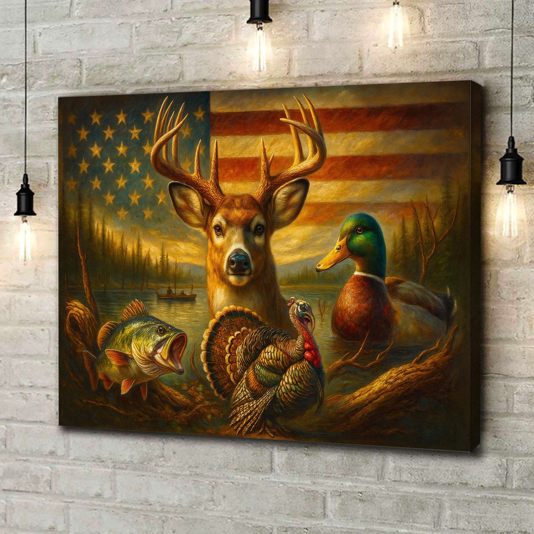 American Flag Hunting Canvas Wall Art – Whitetail Buck, Wild Turkey, Mallard Duck & Largemouth Bass – Patriotic Decor