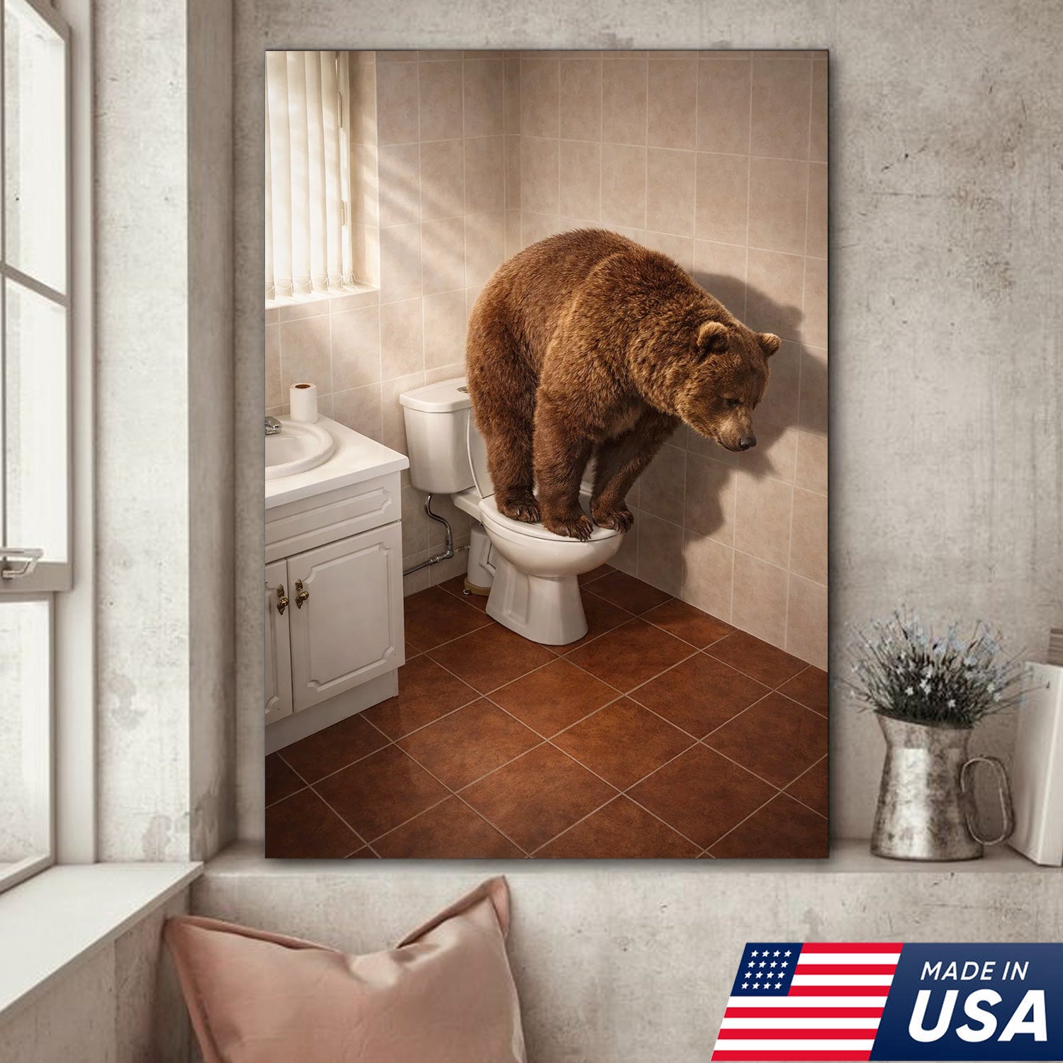 Funny Bear Toilet Canvas, Bathroom Humor Wall Art, Animal Decor