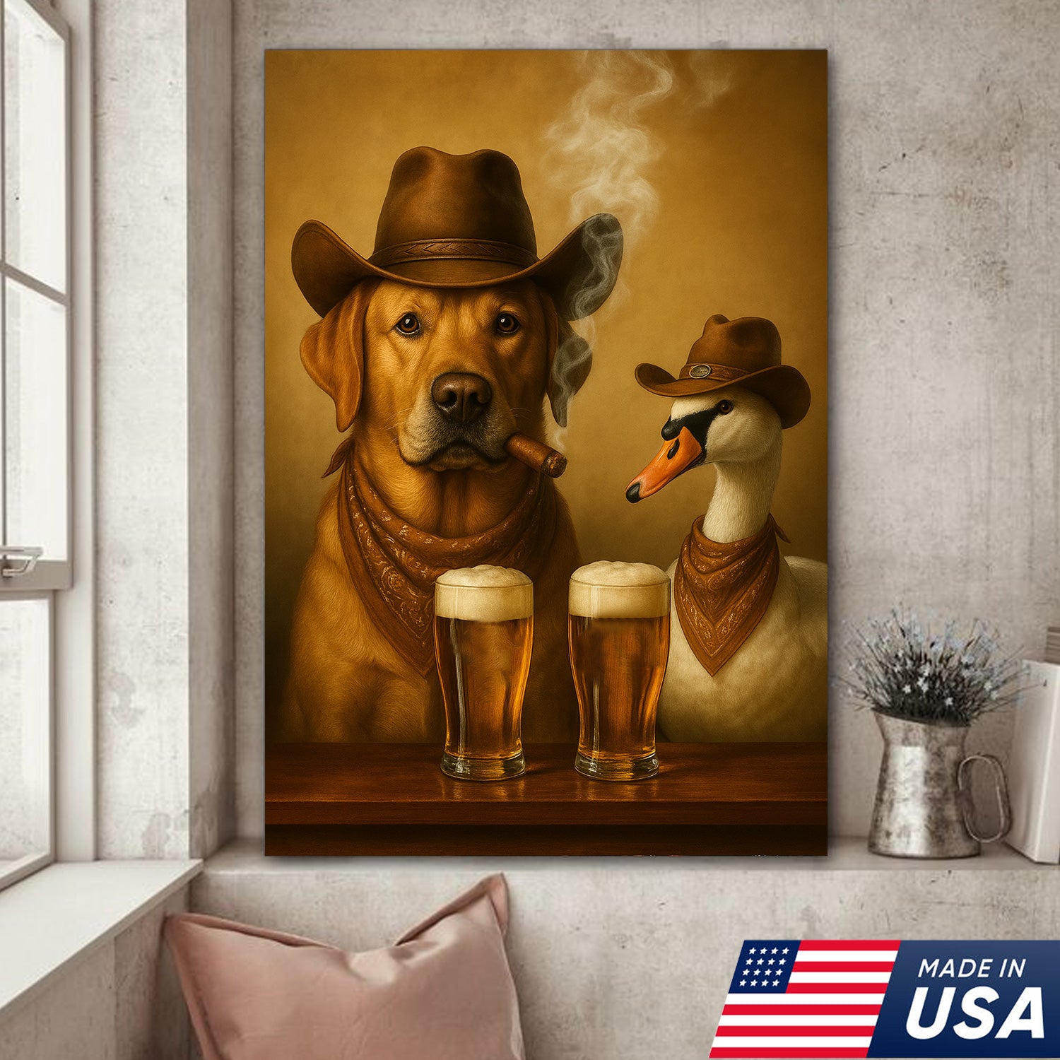 Funny Cowboy Dog & Geese Wall Art Canvas – Funny Beer & Smoking Canvas for Hunters, Cabin, Bar & Man Cave Decor