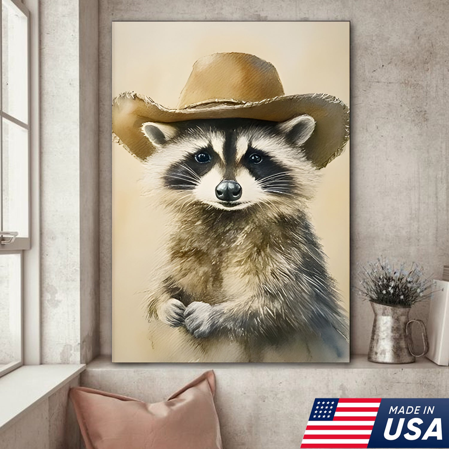 Western Farm Animal Trio Canvas Wall Art Set, Cowboy Duck Raccoon Highland Cow Portraits