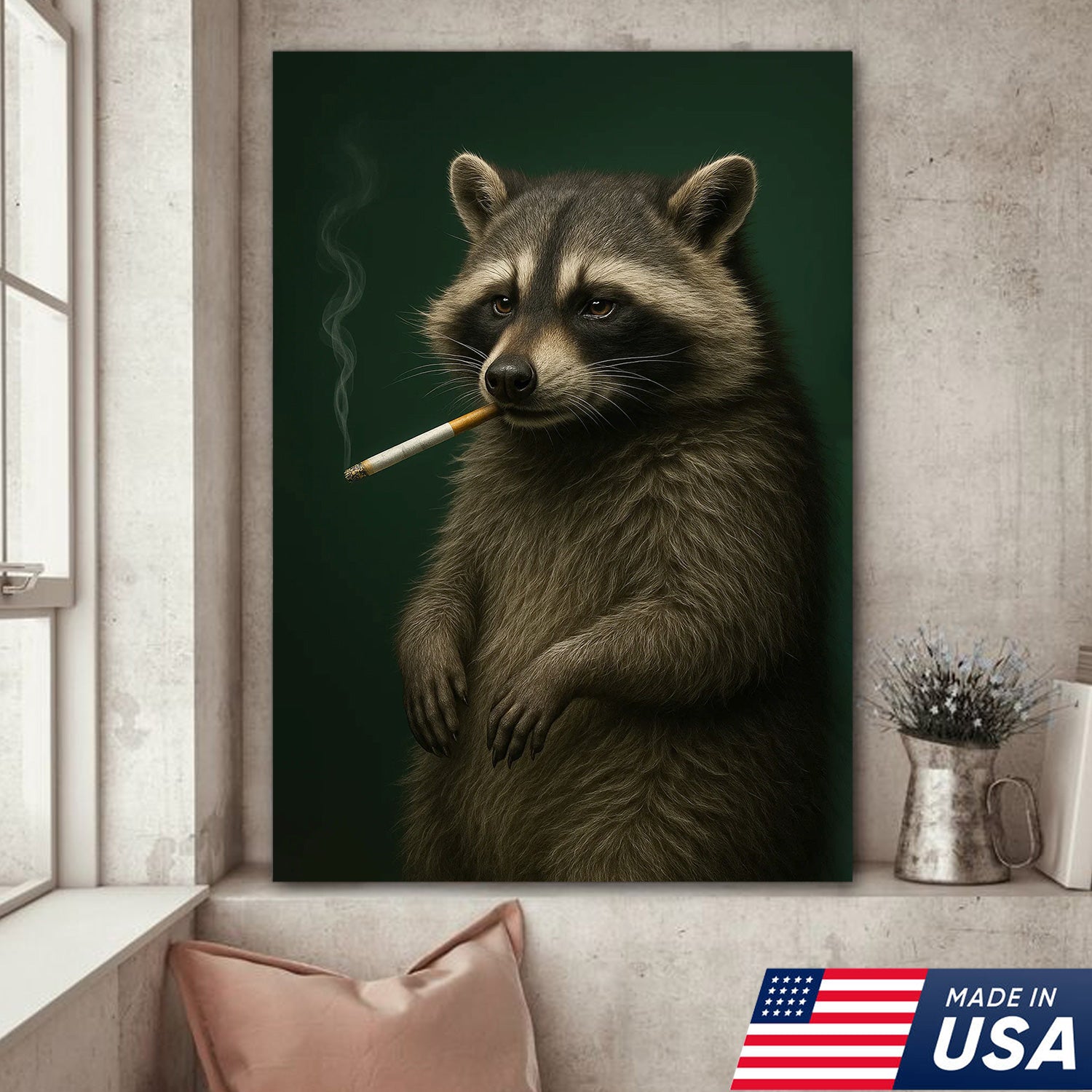 Raccoon Canvas Wall Art – Woodland Animal Print – Rustic Lodge and Cabin Wall Decor