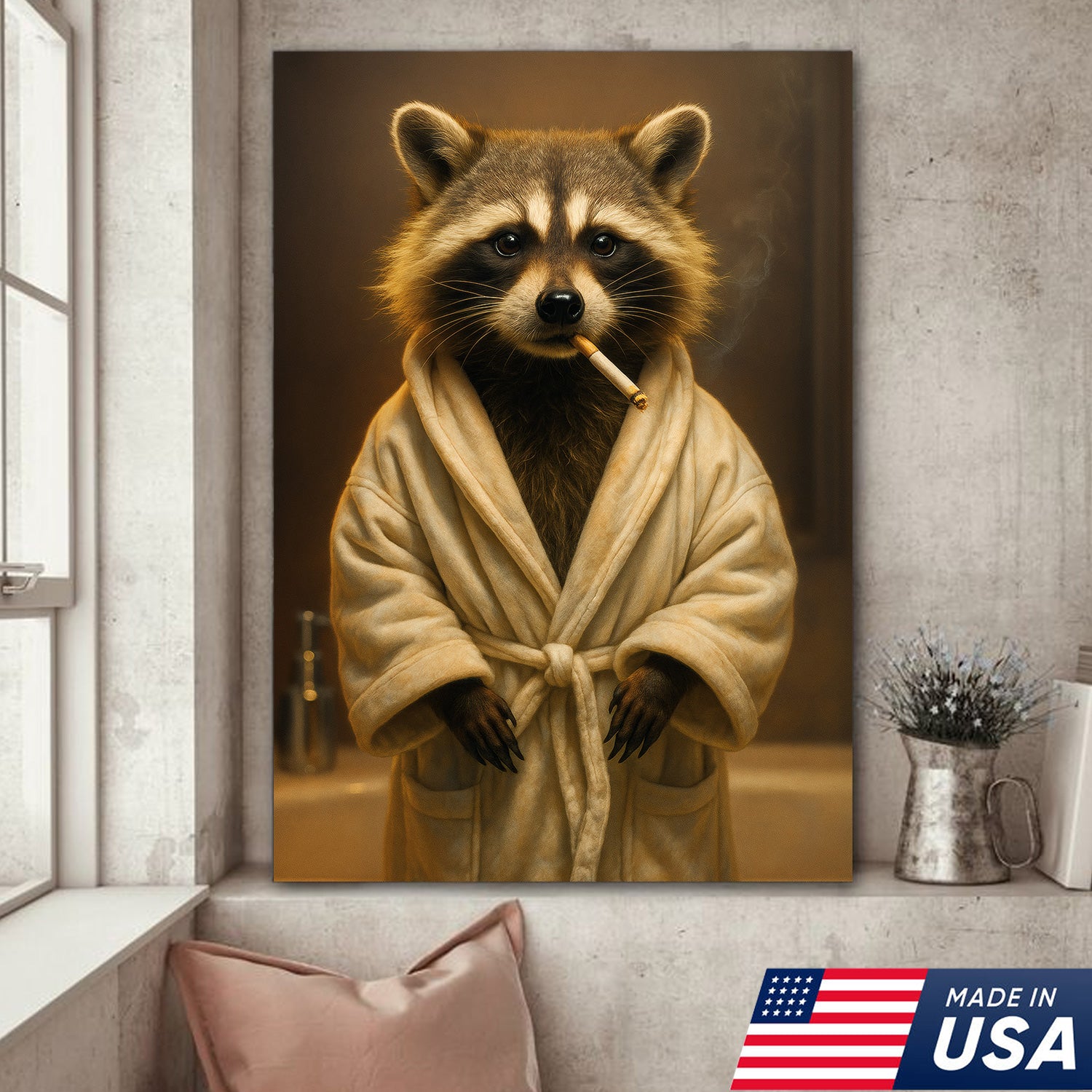 Hilarious Raccoon Bathrobe Canvas – Cozy Bathroom Humor Wall Art, Man Cave Decor