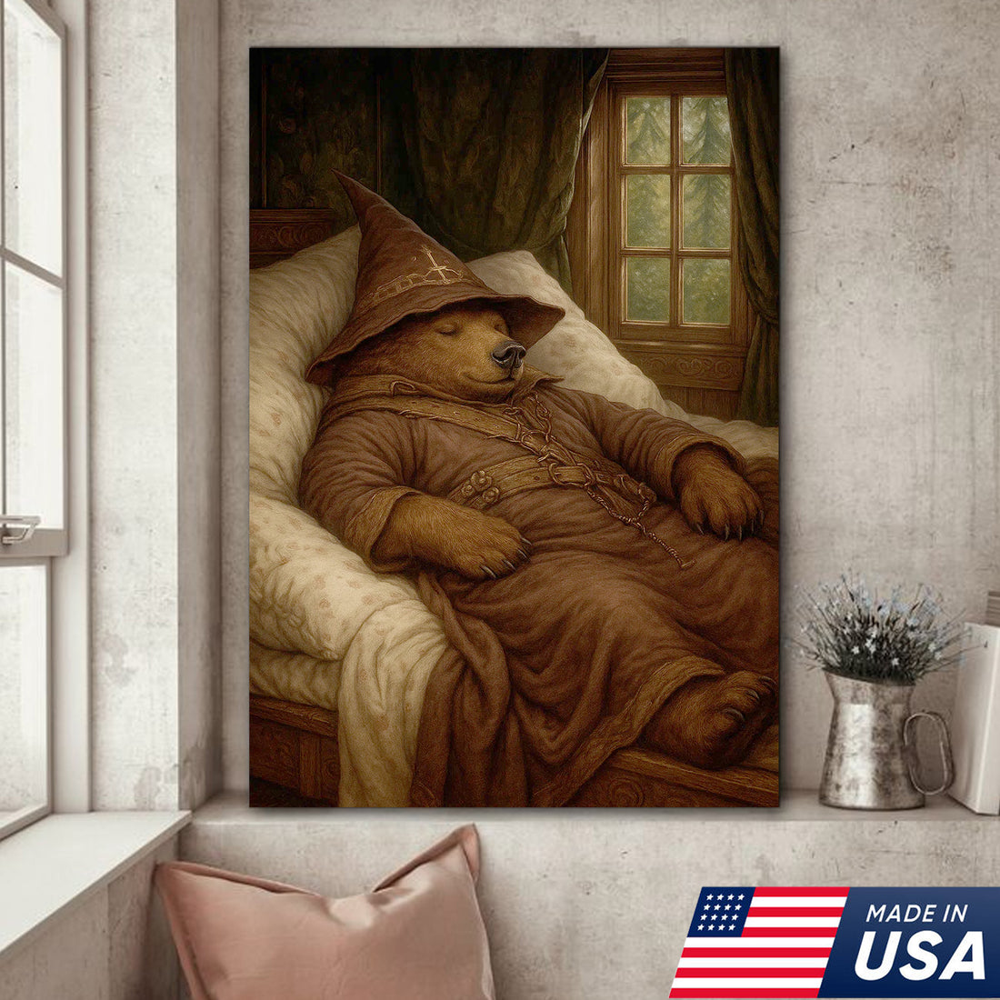Sleeping Wizard Bear Canvas Wall Art, Cozy Fantasy Animal Poster