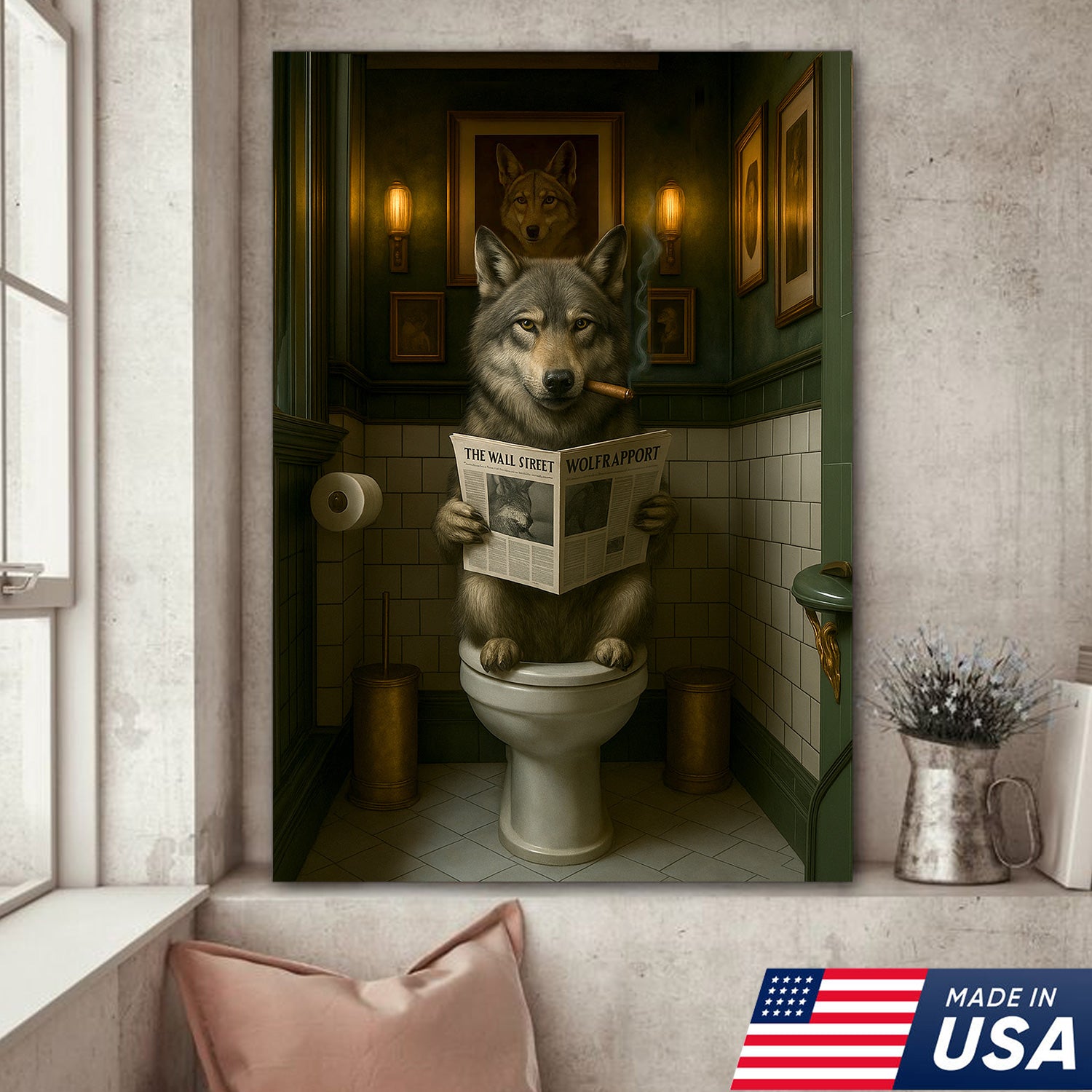 Funny Wolf Bathroom Wall Art – Rustic Hunting Cabin Toilet Humor Canvas, Man Cave Decor