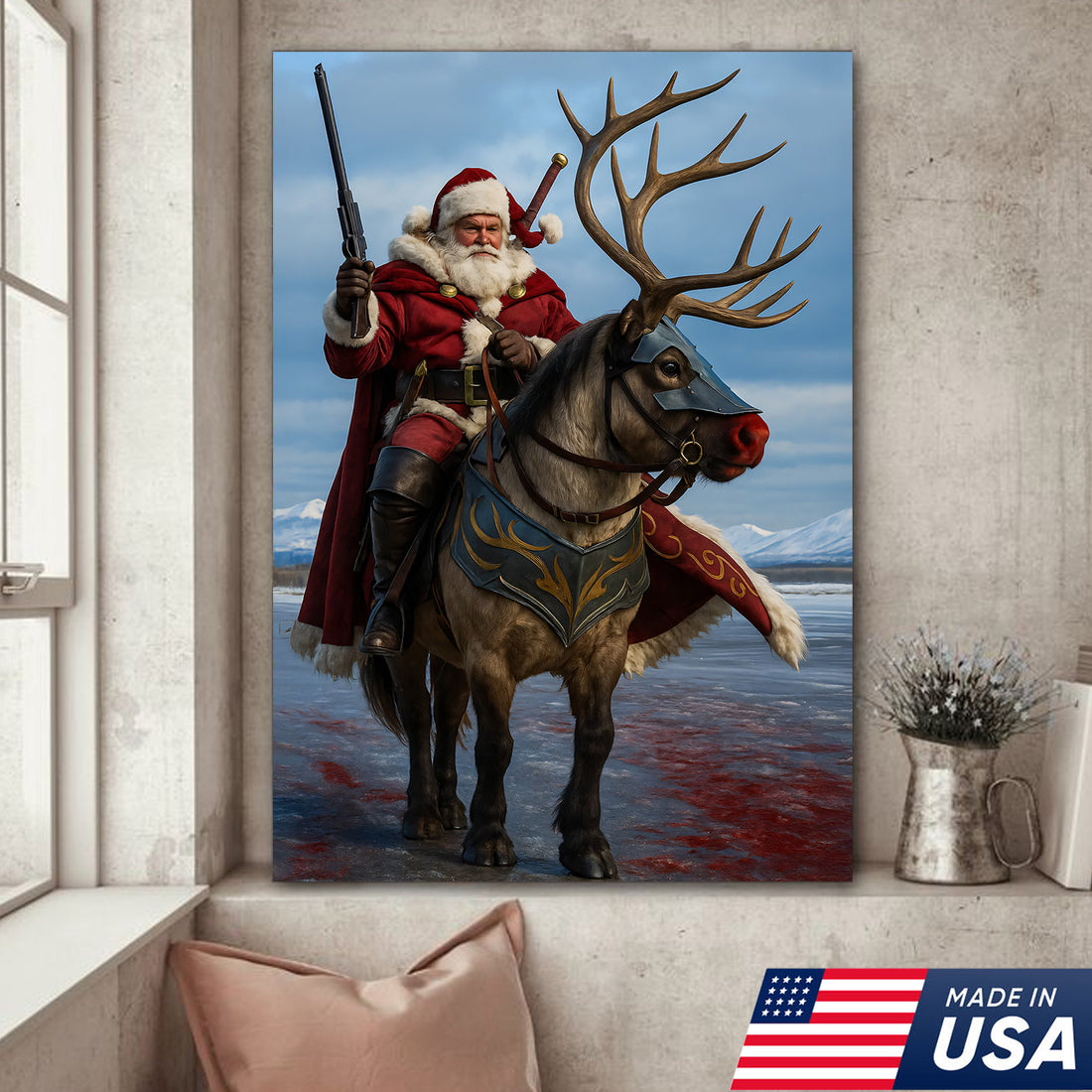 Epic Santa Riding Reindeer Canvas Wall Art, Fantasy Warrior Santa on Armored Reindeer Poster, Winter Christmas Wall Decor Print