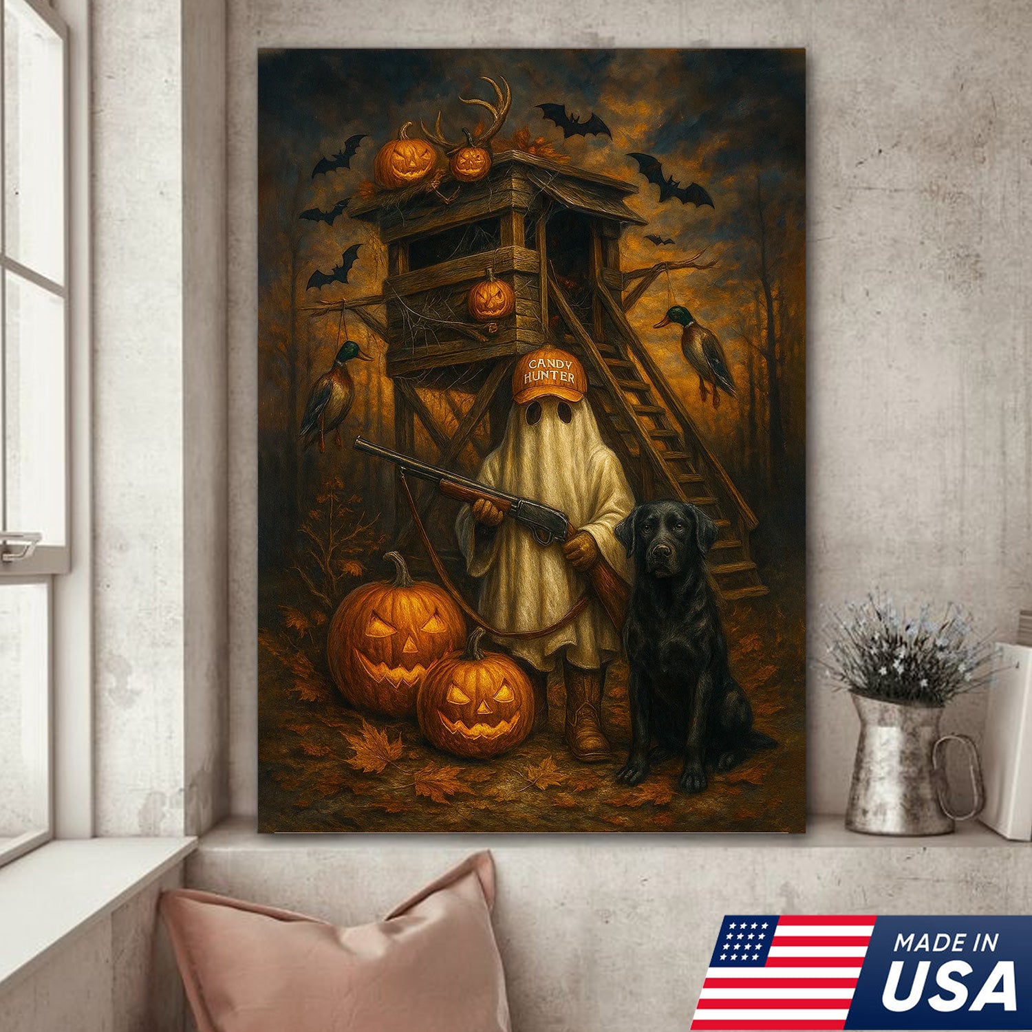 Halloween Canvas Wall Art – Ghost Hunter and Black Lab, Pumpkins, Bats and Ducks – Rustic Fall Farmhouse Hunting Decor