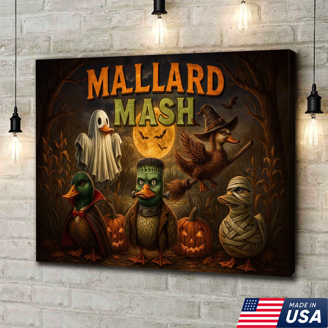 Mallard Mash Halloween Canvas Wall Art – Funny Ducks in Costumes with Pumpkins and Full Moon Decor