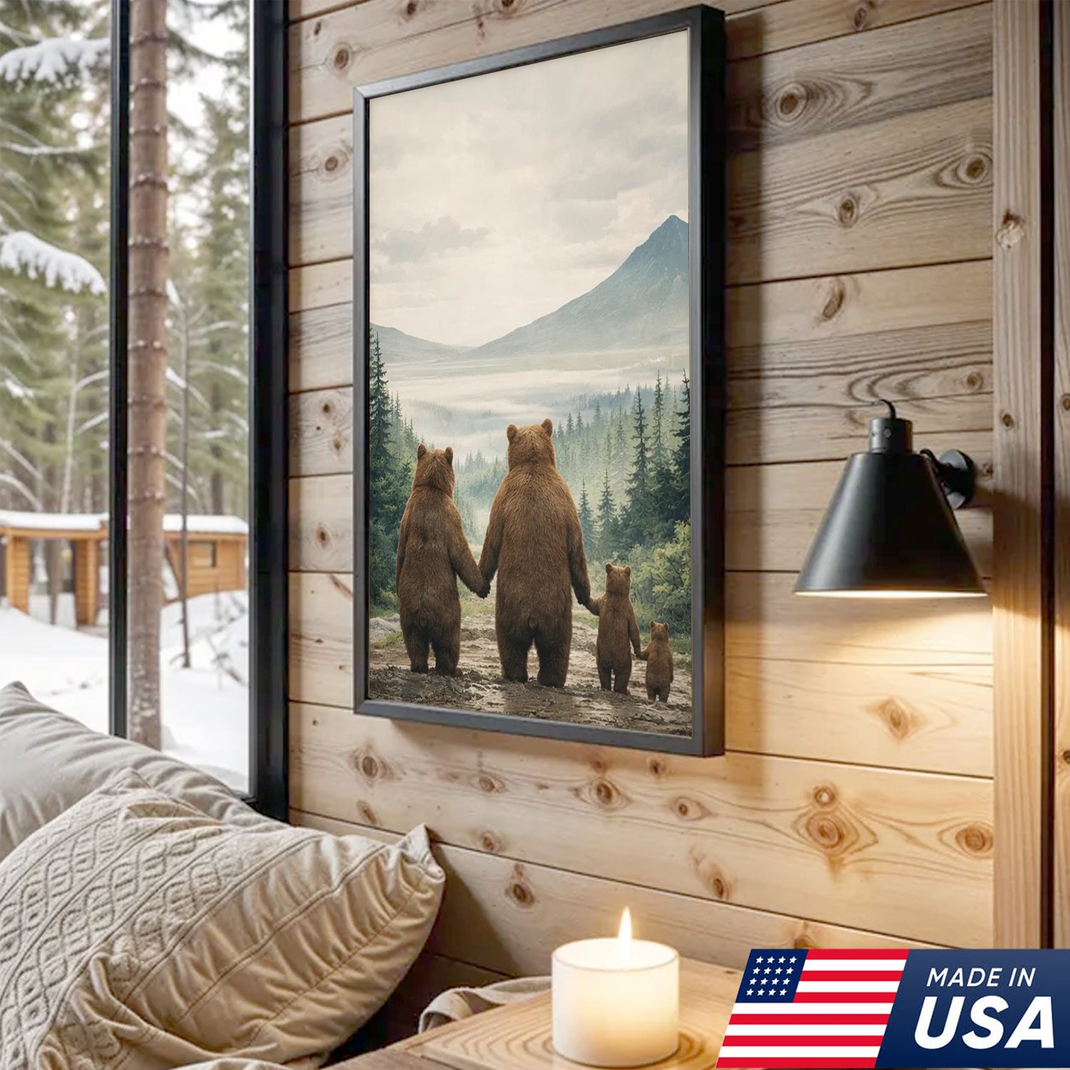 Bear Family Forest Triptych Canvas Wall Art Set, Peaceful Wildlife Landscape with Cubs, Warm Nature Inspired Living Room Home Decor Print