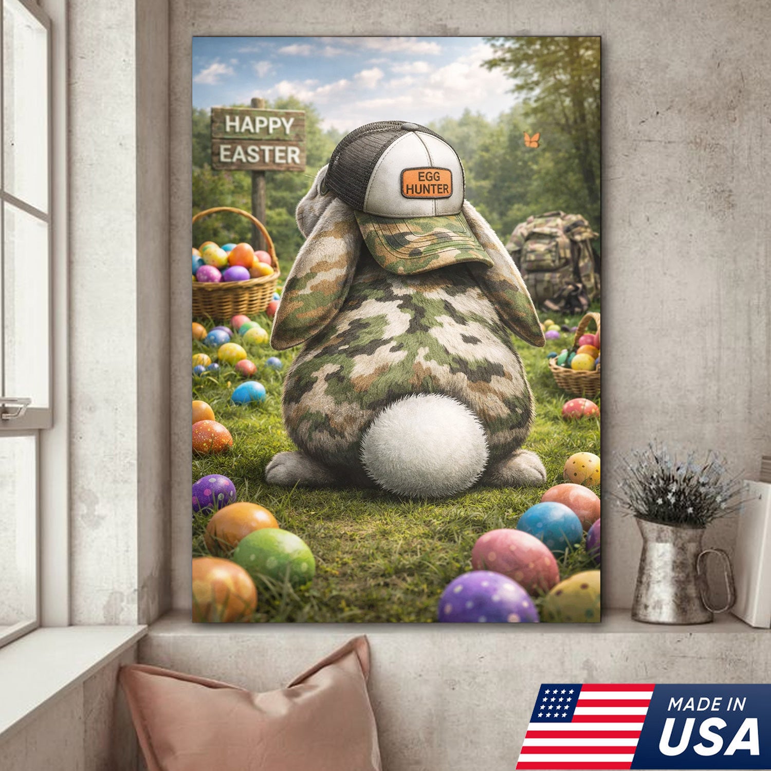 Funny Easter Bunny Hunter Canvas Wall Art, Camo Rabbit with Egg Hunter Hat