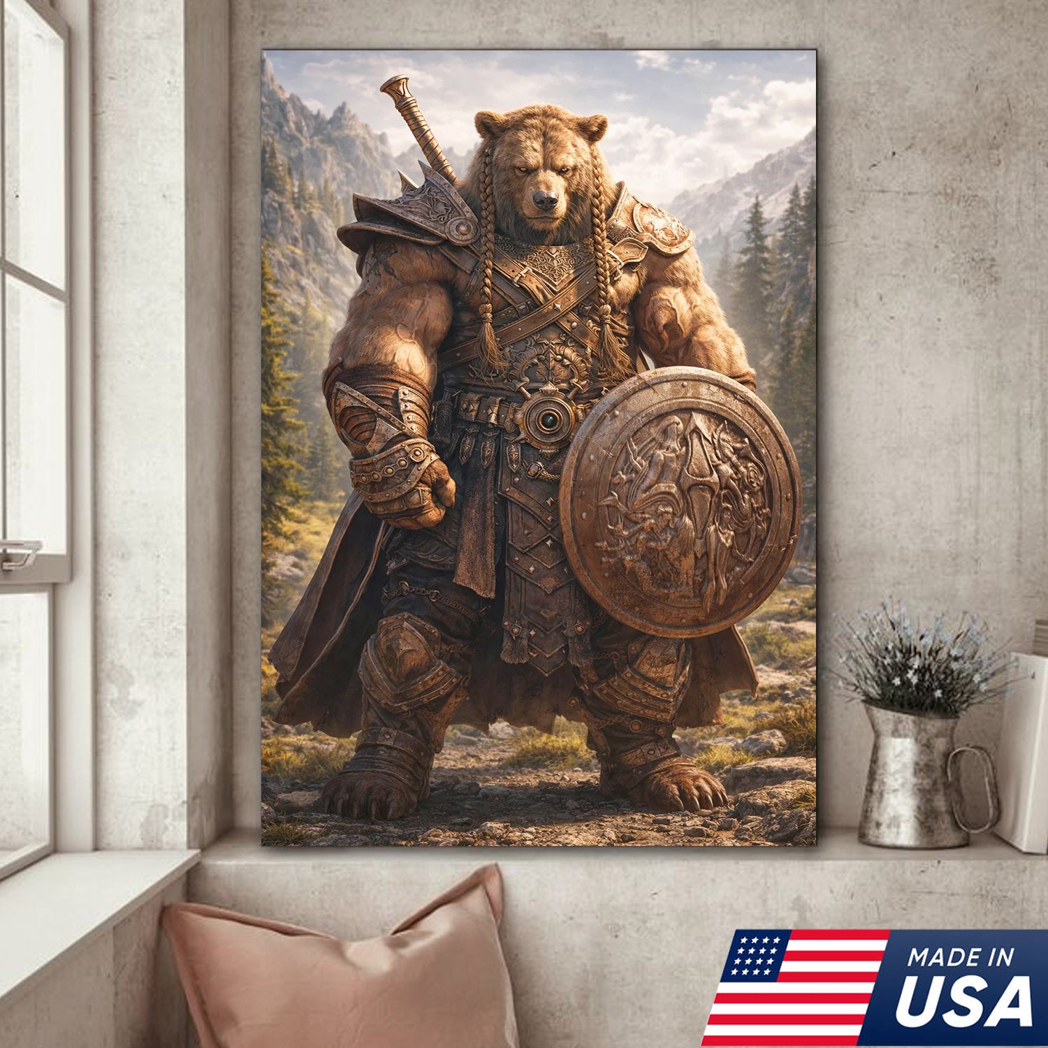 Viking Bear Warrior Canvas Wall Art – Epic Fantasy Animal Print with Sword & Shield