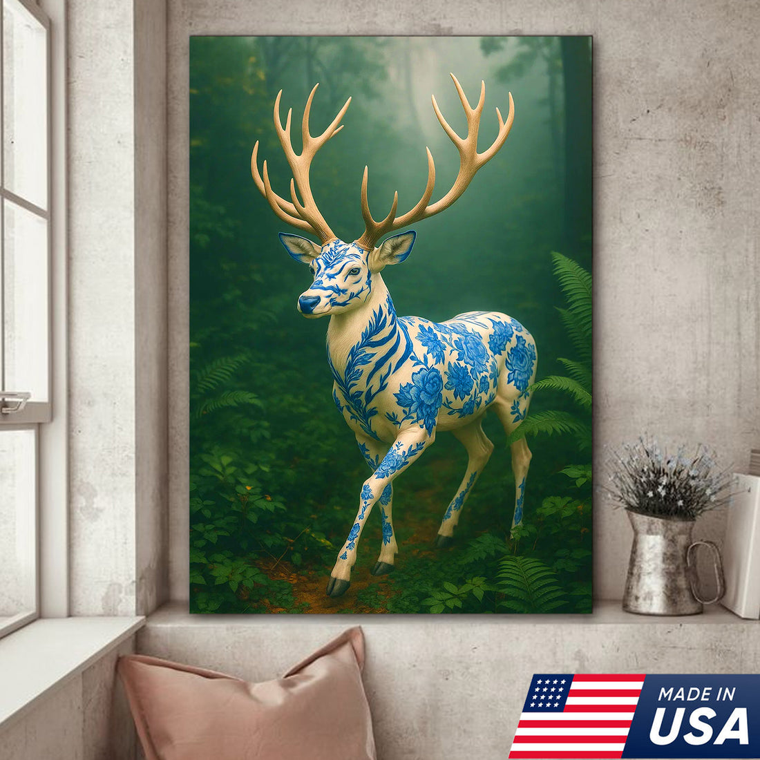 Blue Porcelain Deer Canvas, Elegant Woodland Art Print for Nature Lovers