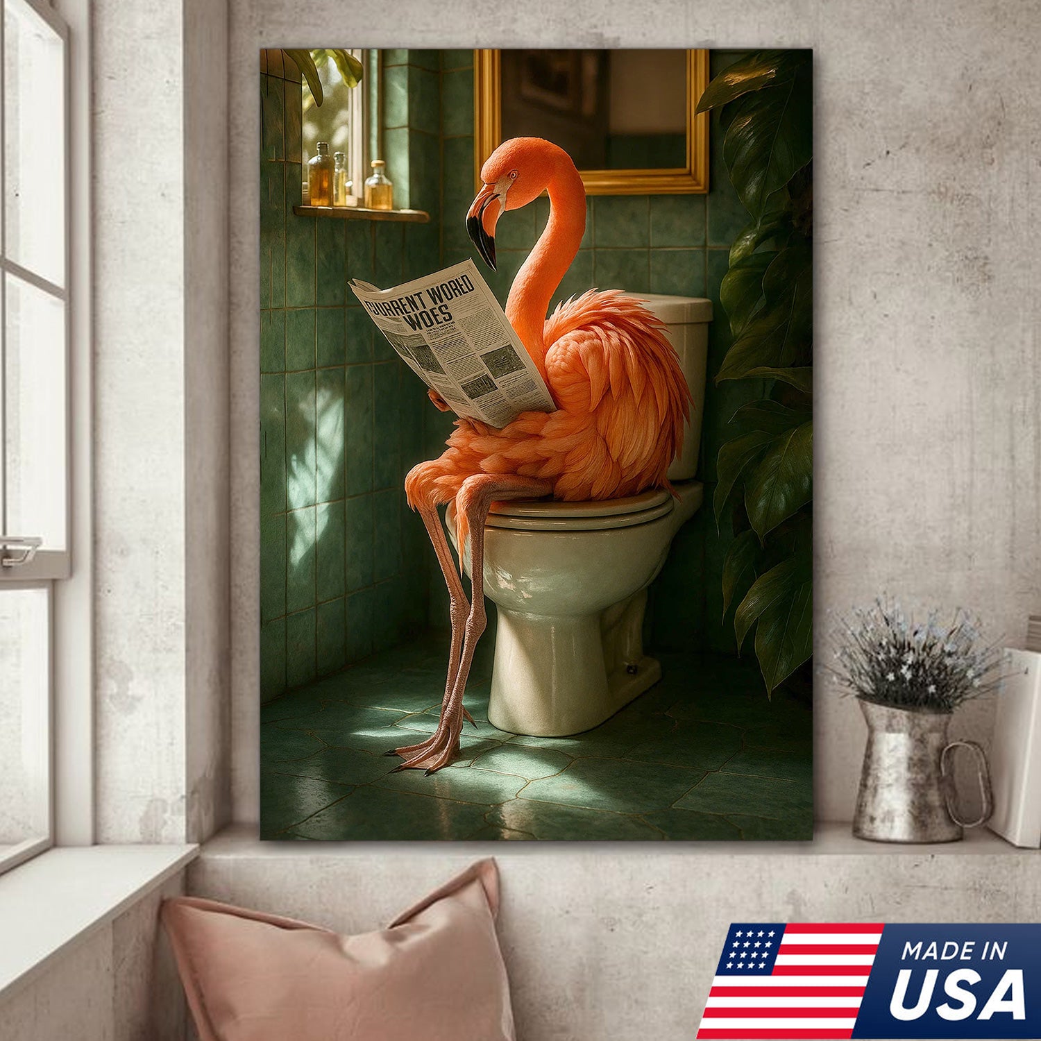 Funny Flamingo Bathroom Canvas Wall Art – Quirky Bird Reading Newspaper Print – Humorous Home Decor