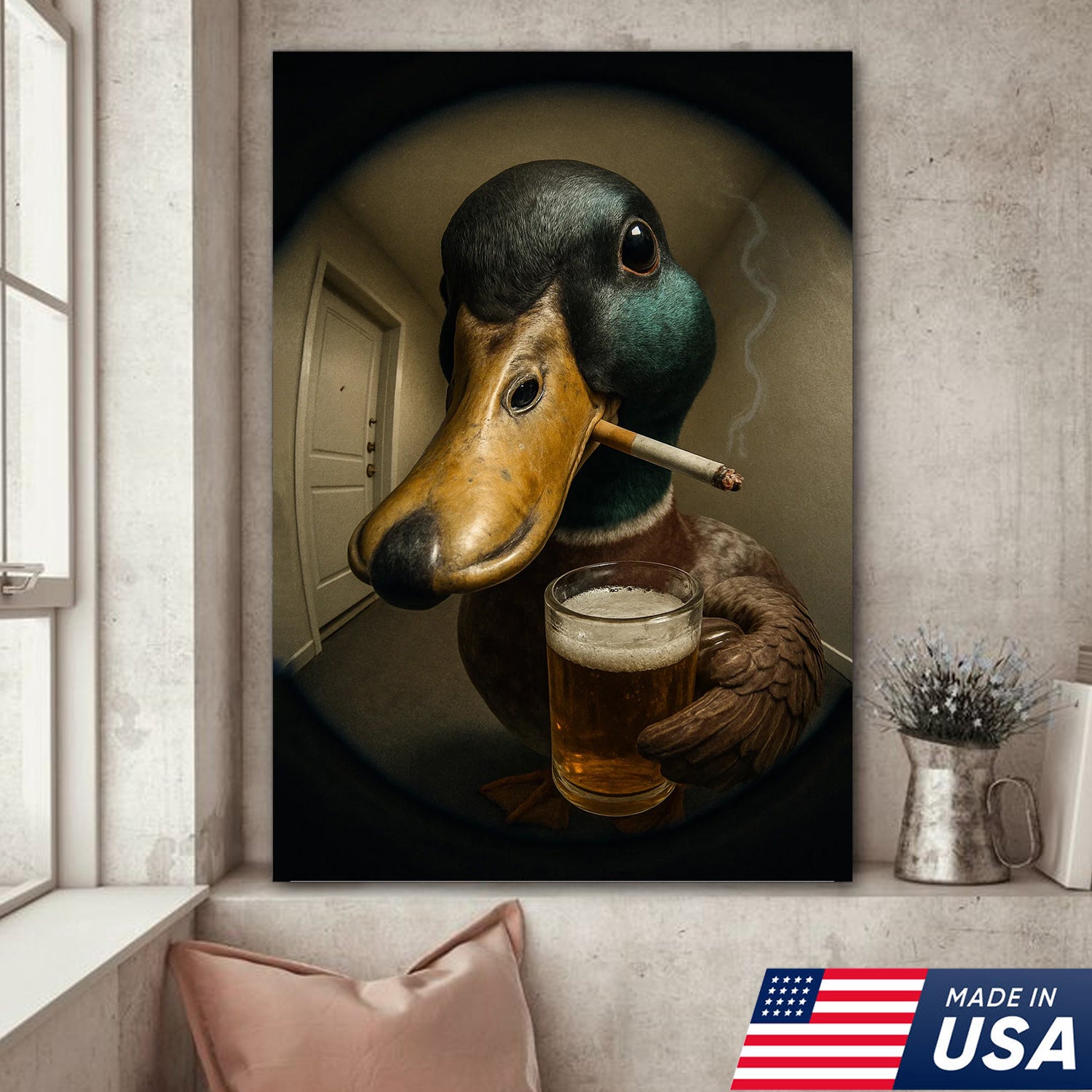 Mallard Duck Fisheye Canvas Wall Art – Funny Close-Up Door Peephole Portrait with Beer Glass– Quirky Duck Wall Decor