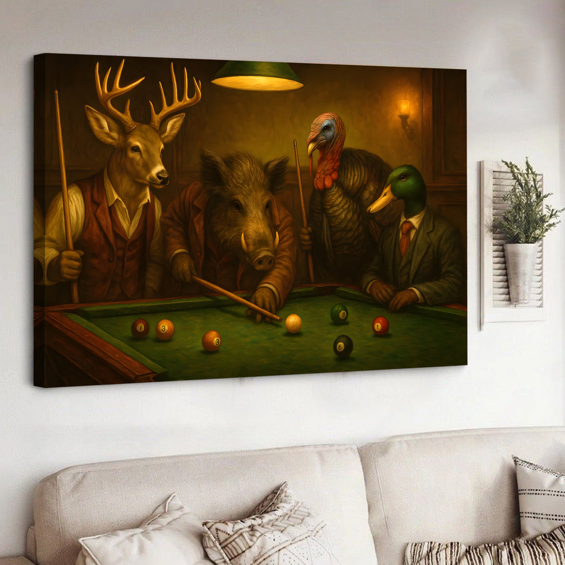 Hunter’s Billiard Crew Canvas Wall Art – Deer, Boar, Duck & Turkey Playing Pool – Rustic Hunting Cave & Lodge Decor
