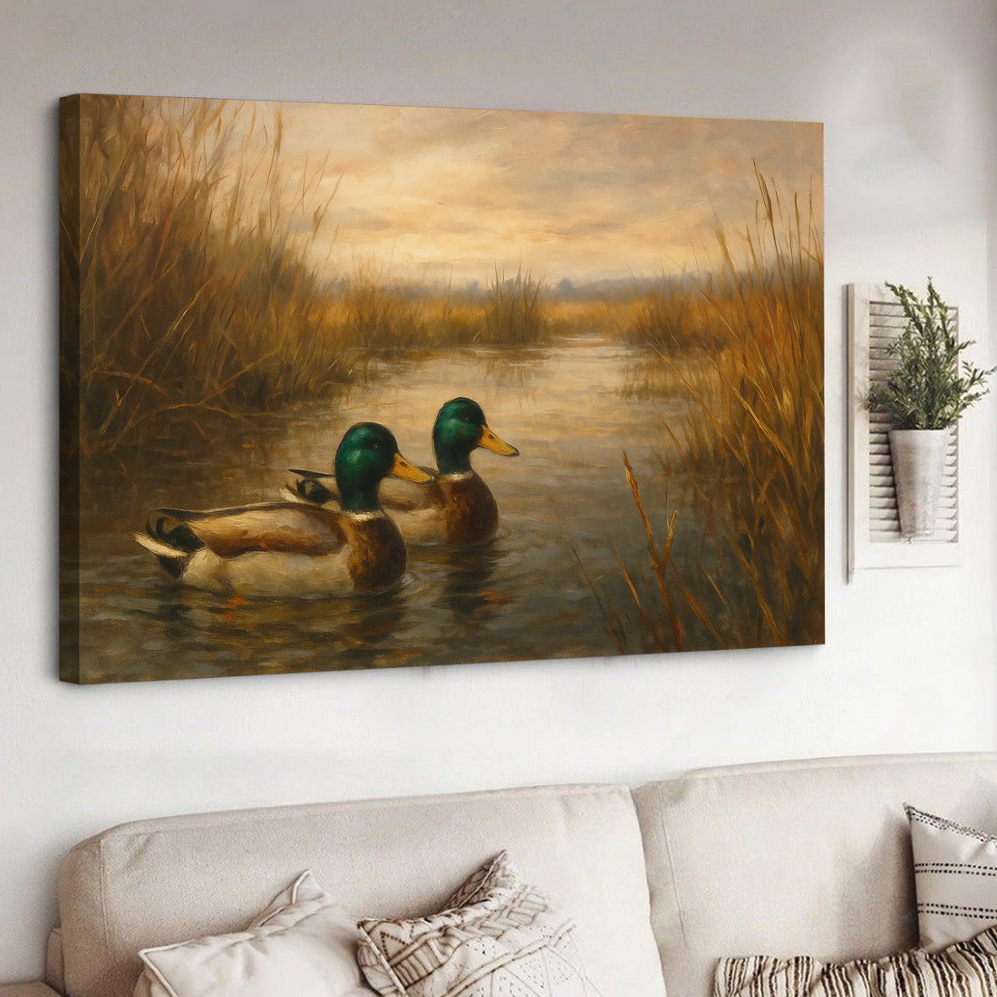 Mallard Duck Wall Art Canvas – Hunting Lodge & Cabin Decor - Rustic Waterfowl Painting
