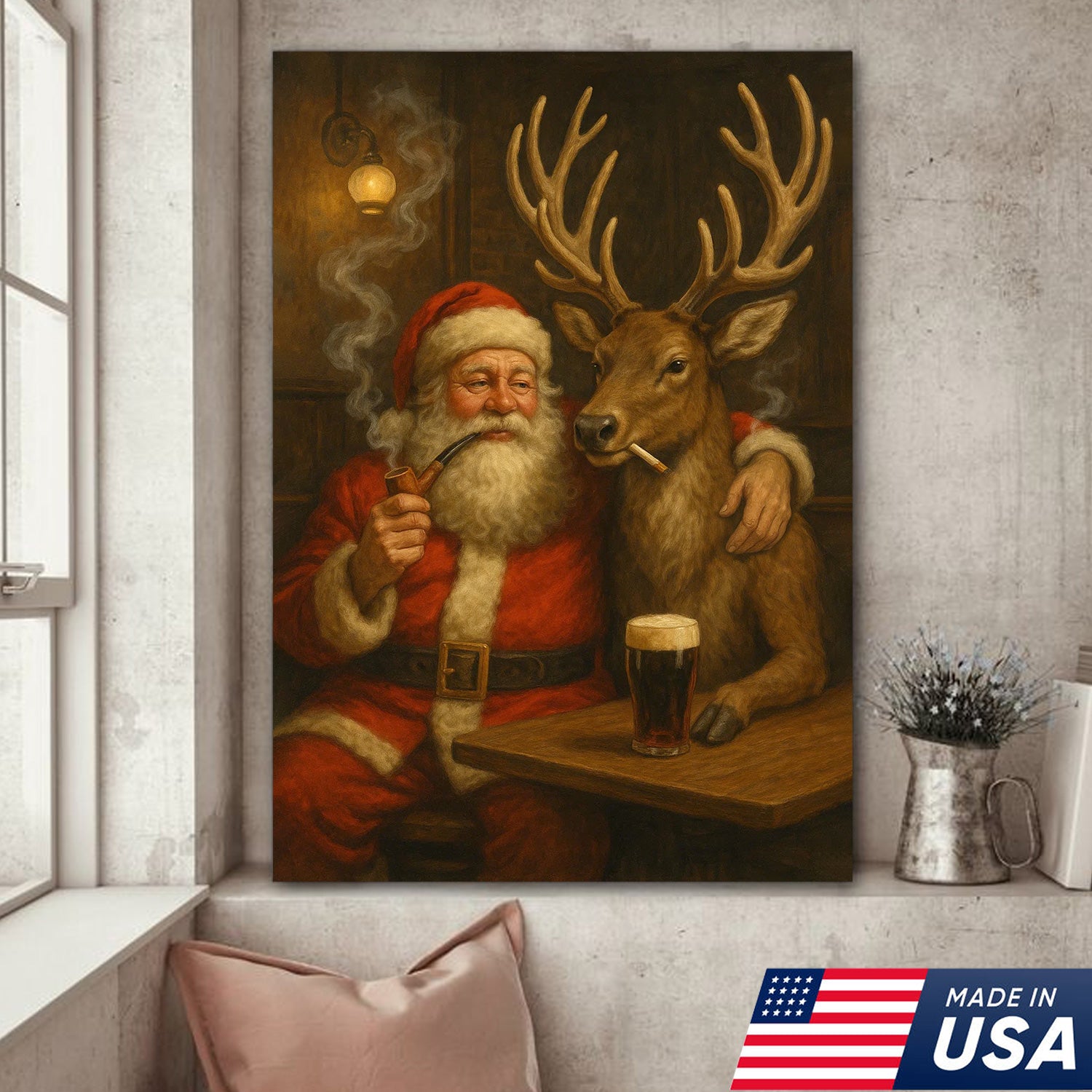 Funny Santa and Reindeer Wall Art Canvas – Rustic Christmas Lodge Decor – Holiday Deer Hunting Theme