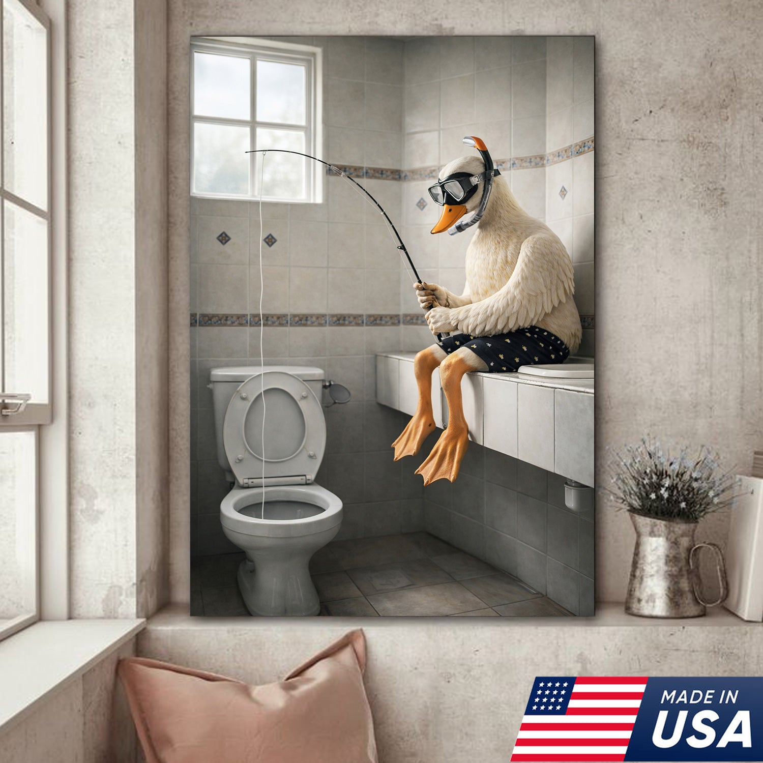 Funny Duck Fishing Canvas – Bathroom Wall Art – Meme Decor