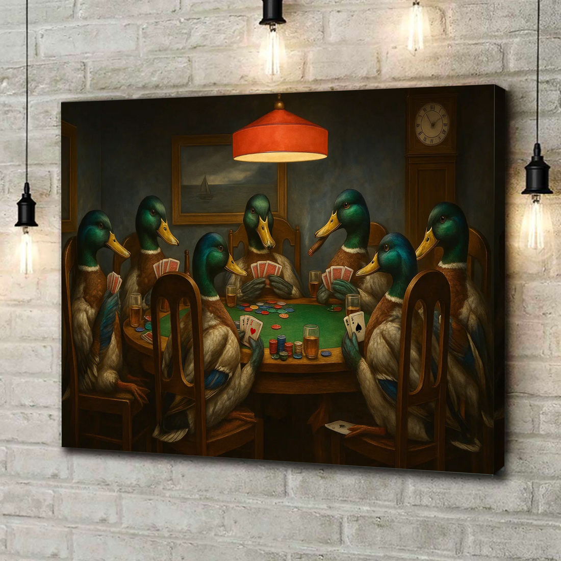 Funny Ducks Playing Poker Canvas Wall Art – Rustic Wildlife Game Night Decor – Perfect for Hunting Cabin or Man Cave