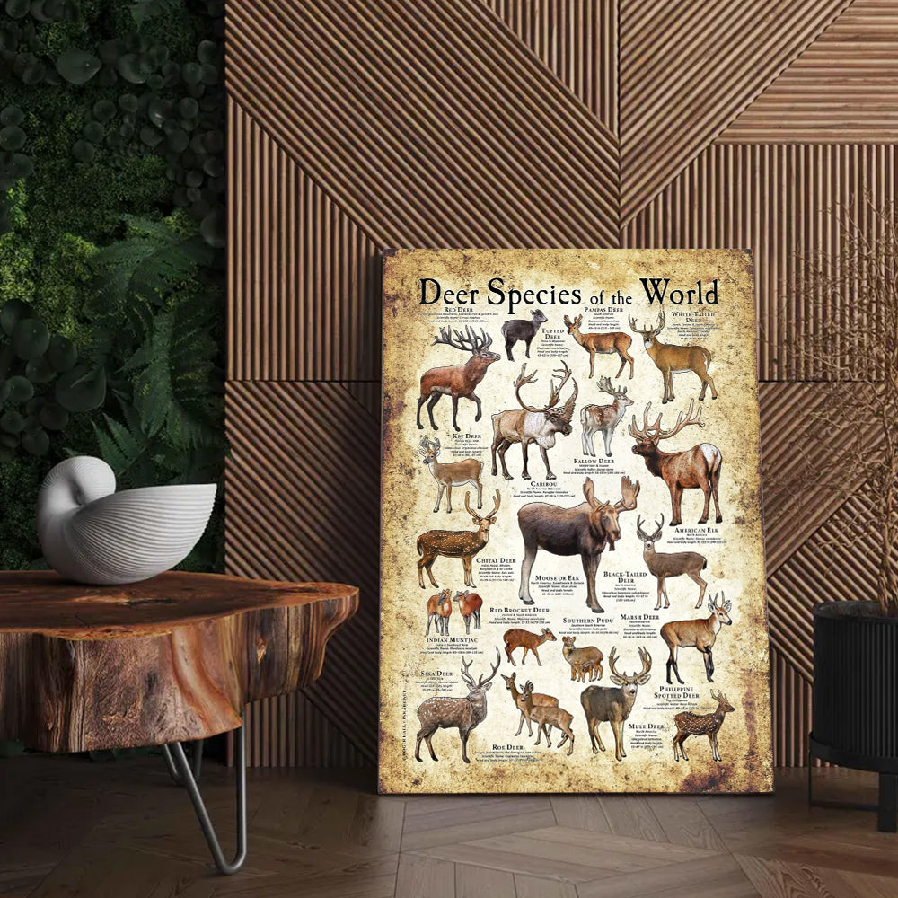 Deer Species of the World Poster Canvas - Guide for Hunting Enthusiasts, Featuring 20+ Deer Species and Their Unique Characteristics