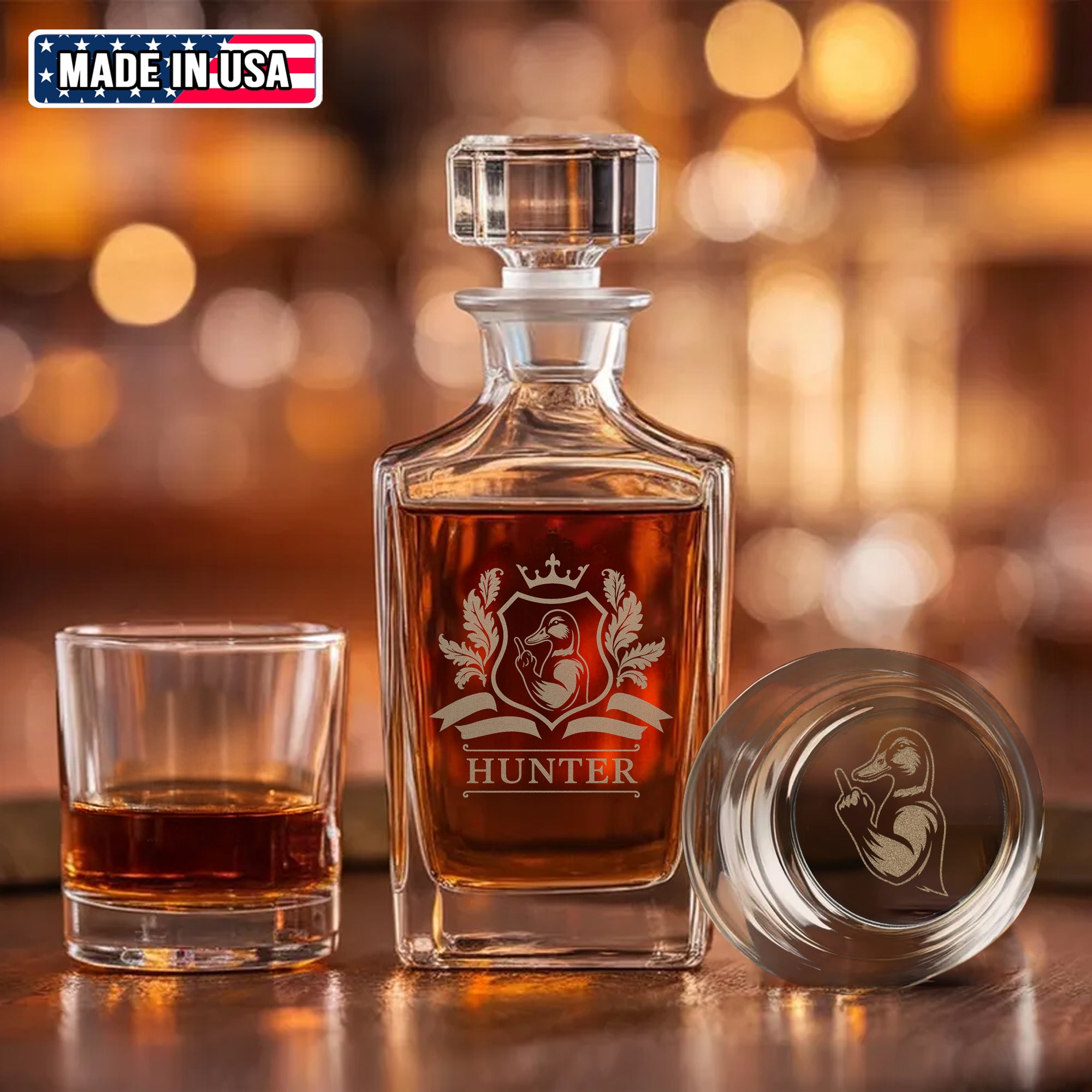 Funny Duck Whiskey Decanter Set – Engraved Drinking Glass for Hunters & Whiskey Lovers