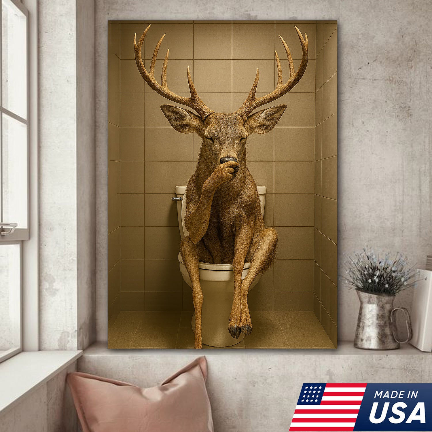 Funny Deer Bathroom Canvas Wall Art – Rustic Toilet Canvas for Cabin, Lodge & Man Cave Decor