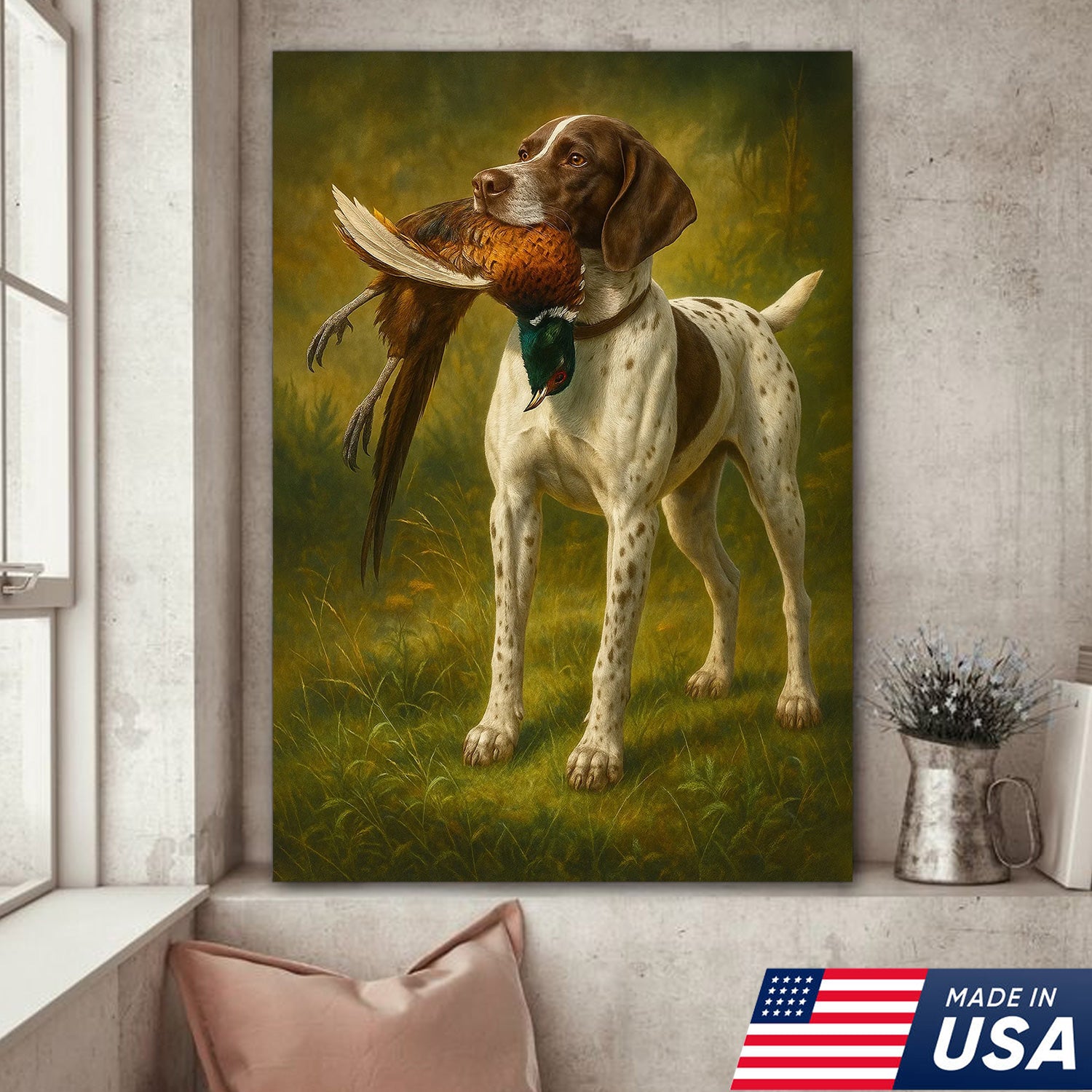 Hunting Dog Canvas Wall Art – Hunting Dog with Pheasant – Rustic Wildlife Canvas Print for Hunter Lodge Decor