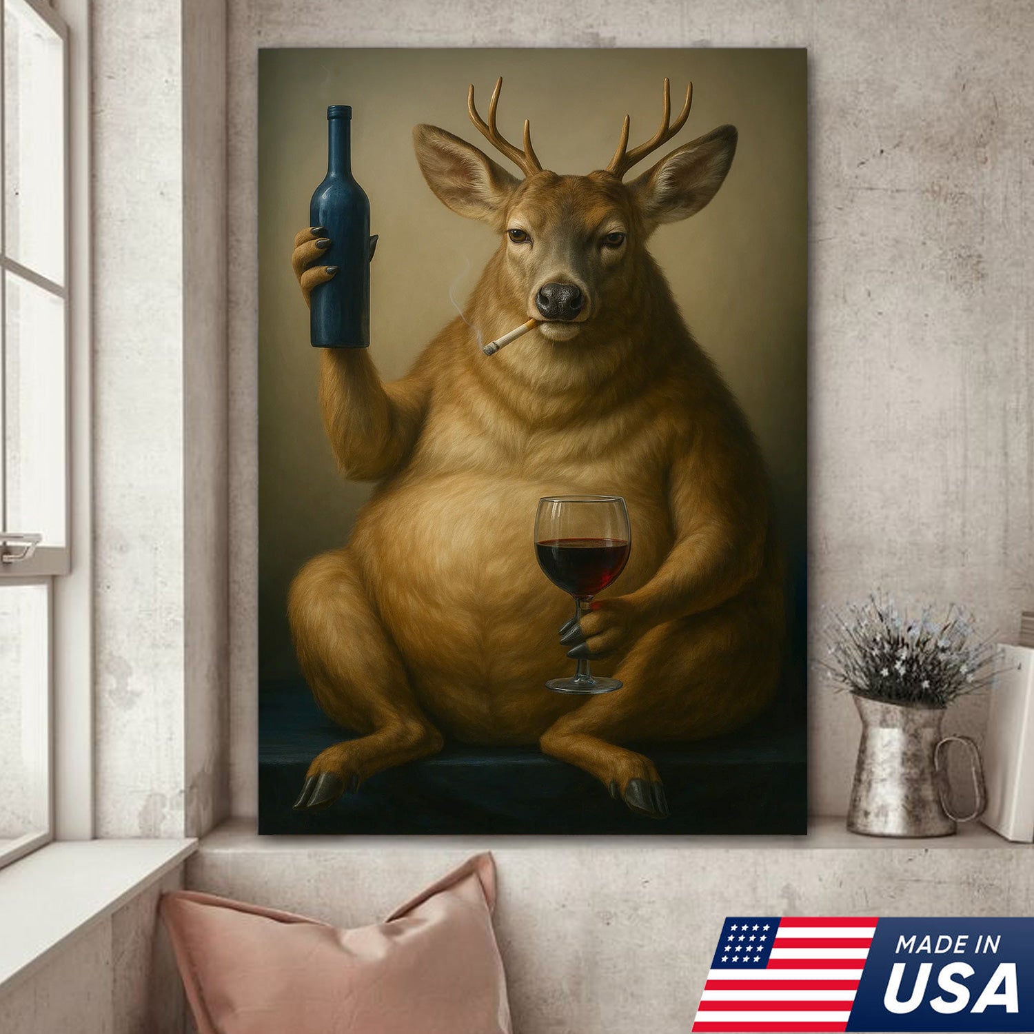 Funny Deer Wall Art Canvas – Fat Buck with Wine Glass Rustic Lodge Decor – Whimsical Wildlife Hunting Home Decoration