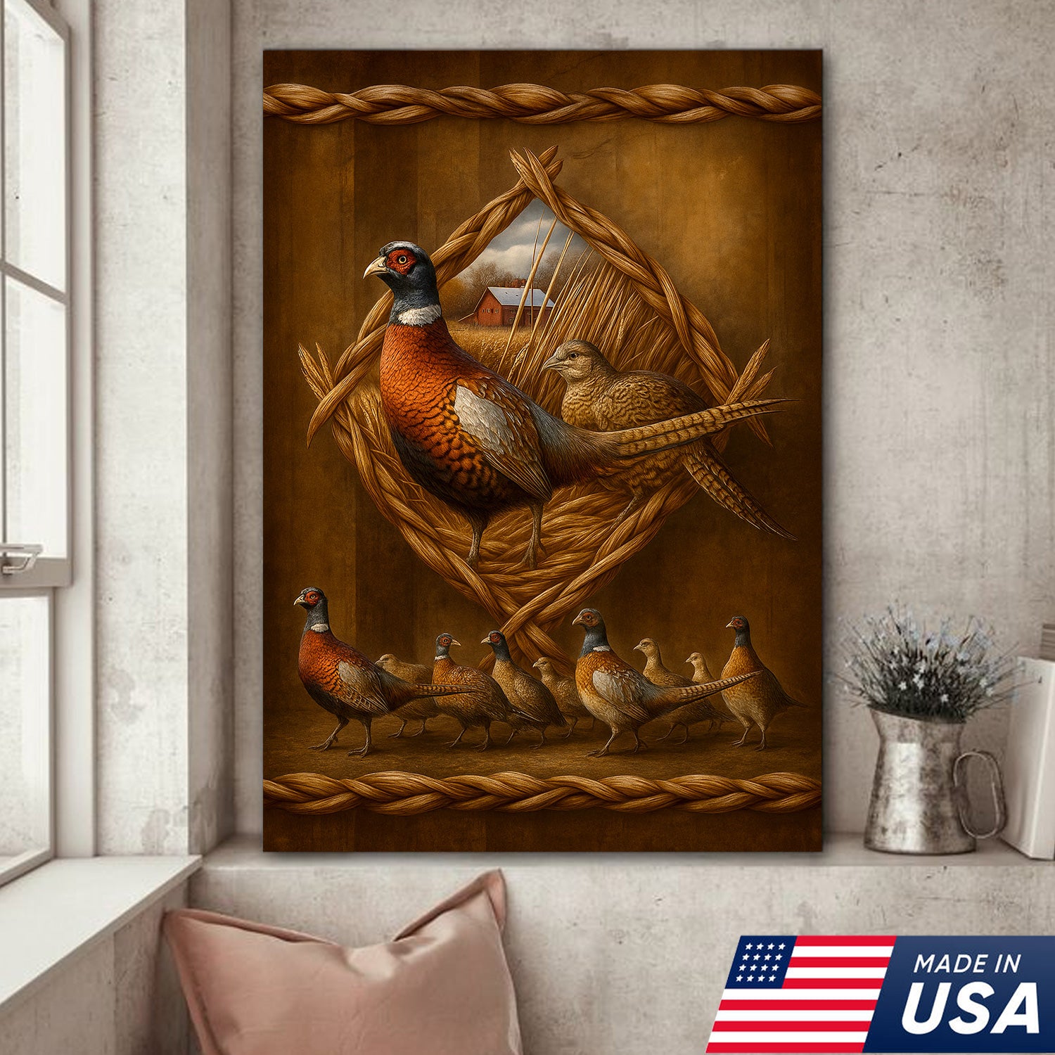 Pheasant Farmhouse Canvas Wall Art – Rustic Country Decor & Perfect Gift for Hunters