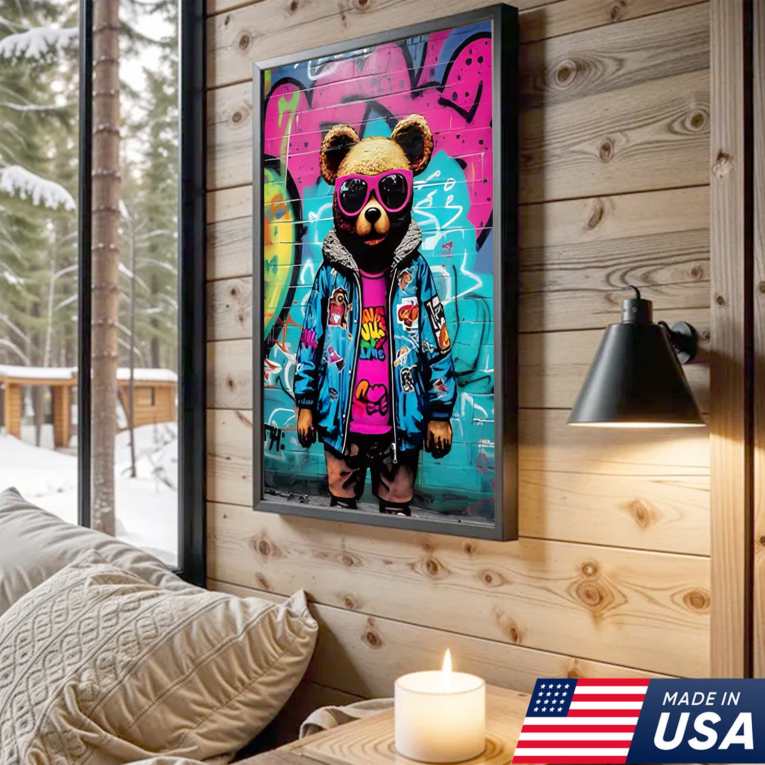 Neon Graffiti Animals Triptych Canvas Wall Art Set, Tiger Bear Gorilla Street Art Prints