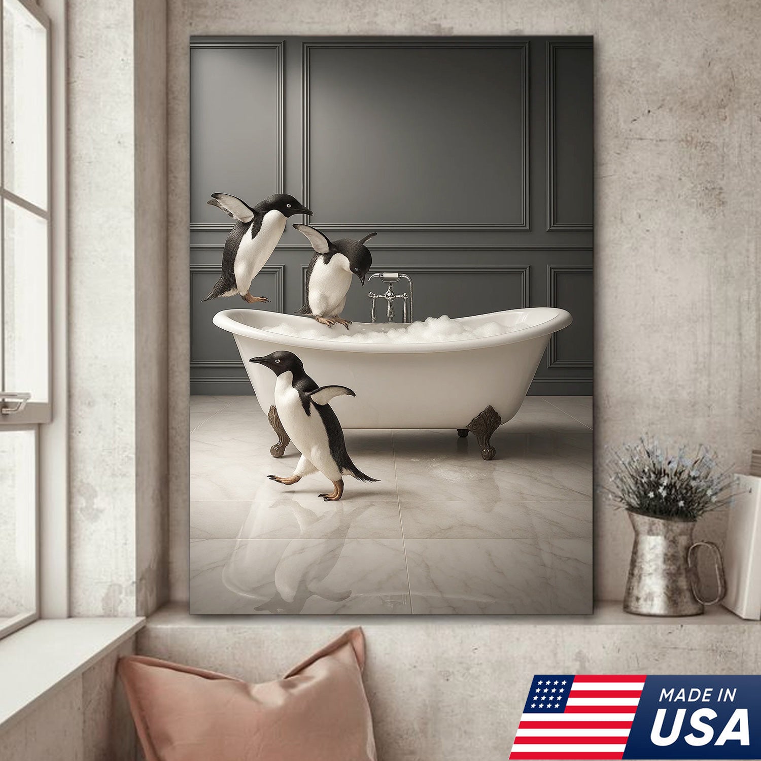 Penguin Bathroom Wall Art Canvas, Cute Penguins Bubble Bath Kids Bathroom Decor