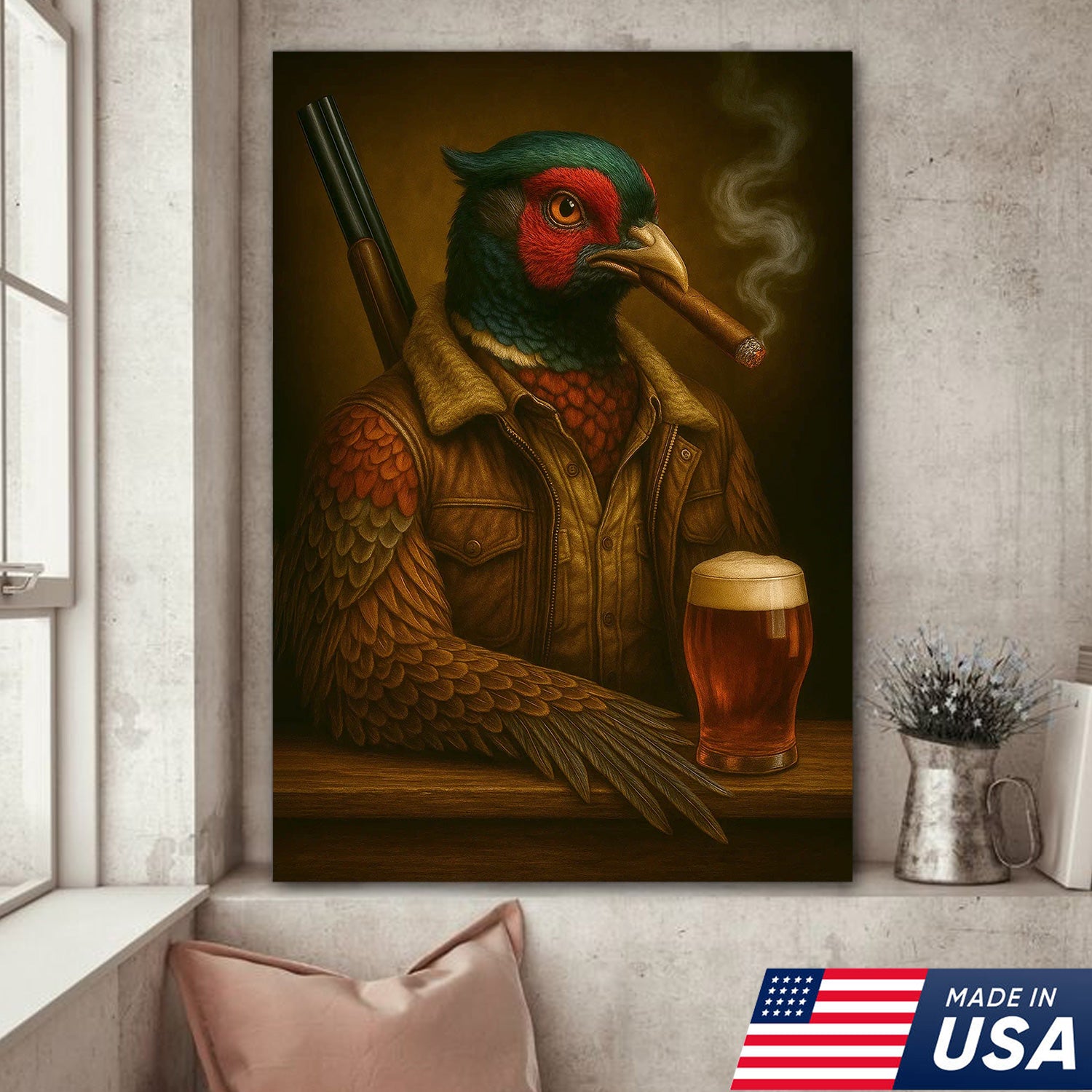 Wild Pheasant Canvas Wall Art – Surreal Hunter Portrait with Beer Glass, Bold Rustic Decor