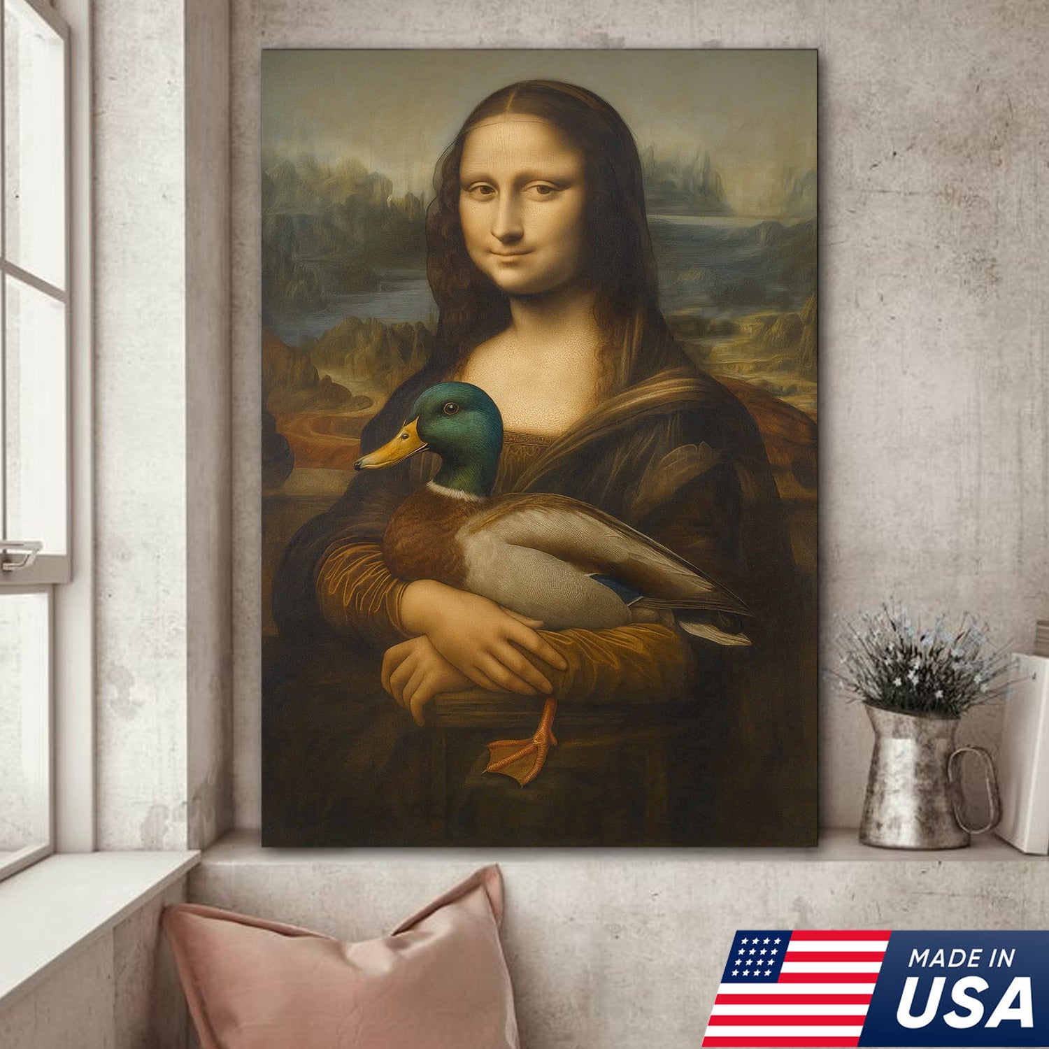 Funny Mona Lisa Duck Canvas Wall Art, Quirky Parody Painting Print for Bathroom or Office