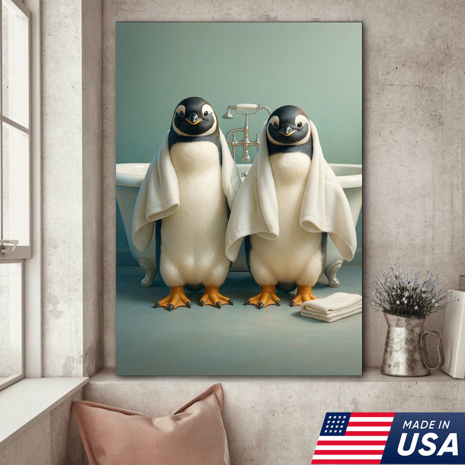 Cute Penguin Twins Bathroom Wall Art Canvas, Adorable Towel Penguins Kids Bath Decor