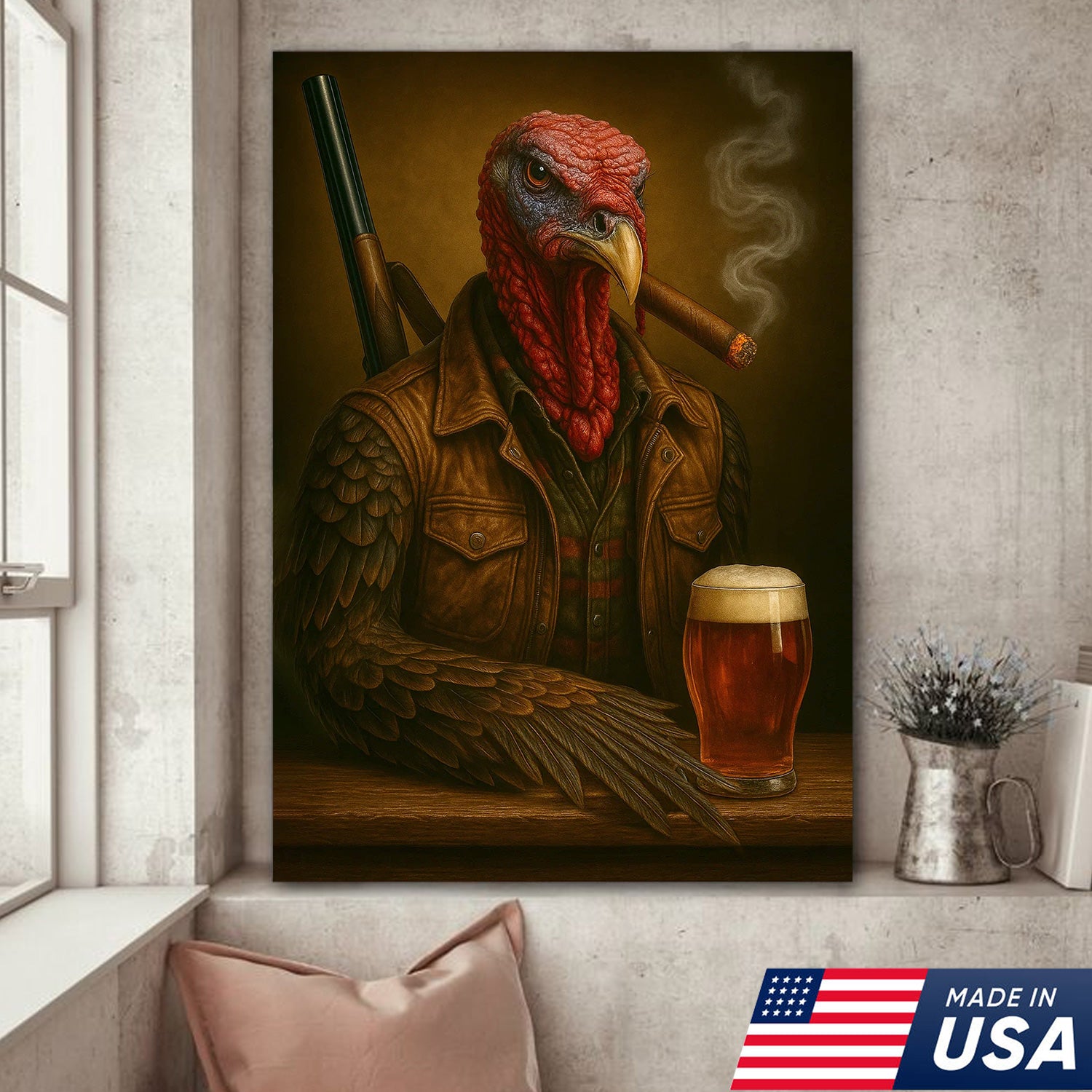 Wild Turkey Canvas Wall Art – Surreal Hunter Portrait with Beer Glass, Rustic Lodge Decor