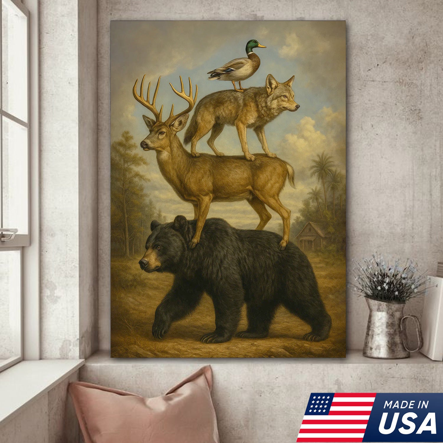 Epic Wildlife Stacking Canvas Wall Art – Bear, Deer, Coyote & Duck – Rustic Hunting Cabin Decor