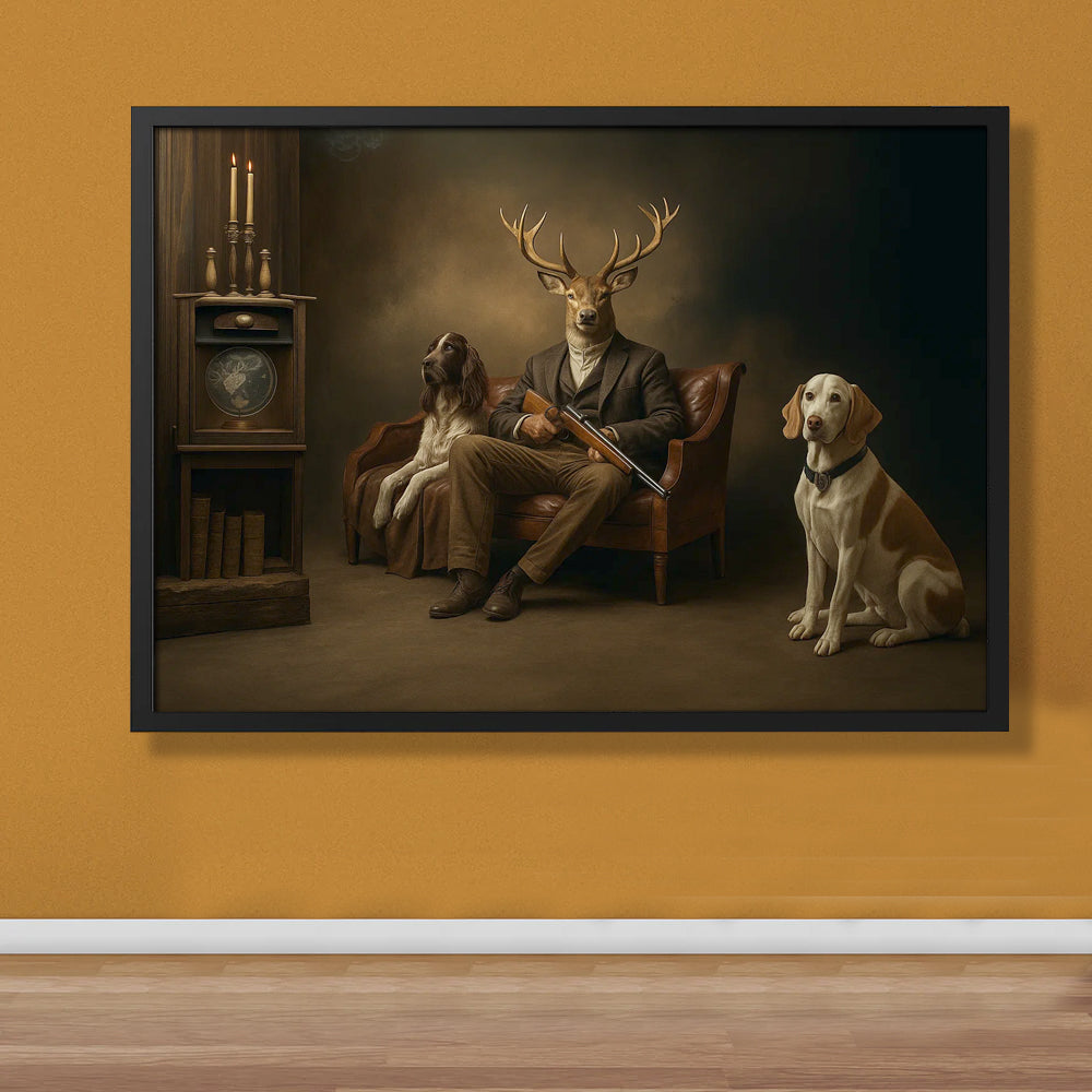 Deer Hunter Gentleman Canvas – Surreal Wall Art with Dogs for Cabin or Man Cave