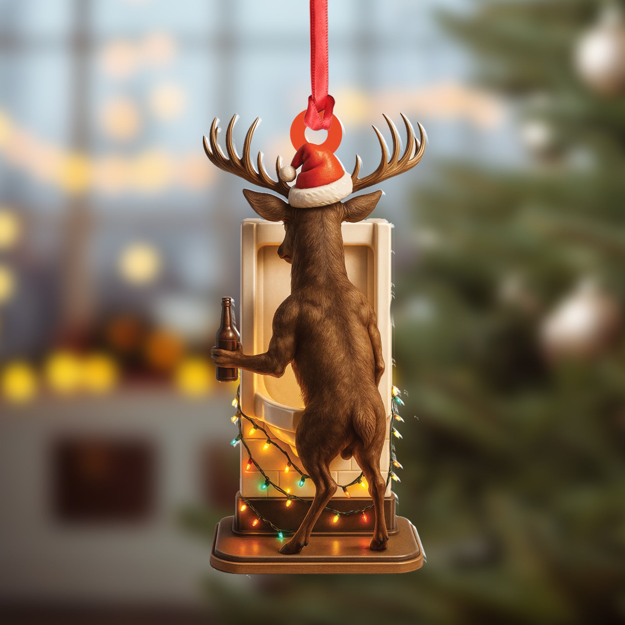 Personalized Acrylic Deer Christmas Ornament – Funny Buck with Santa Hat Drinking Beer by Urinal Holiday Decor