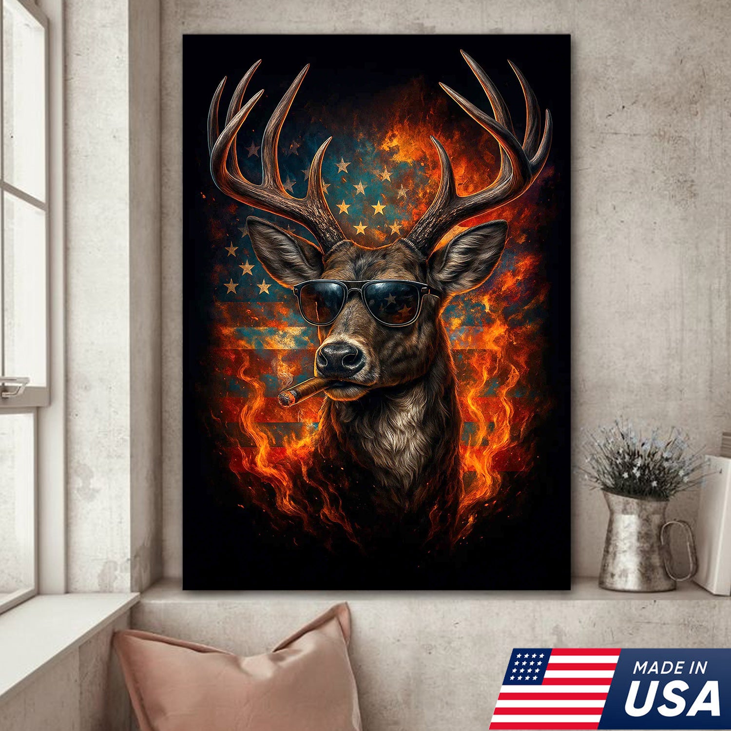 Patriotic Deer Wall Art Canvas – Cool Buck with Sunglasses and American Flag – Rustic Hunting Lodge Decor USA