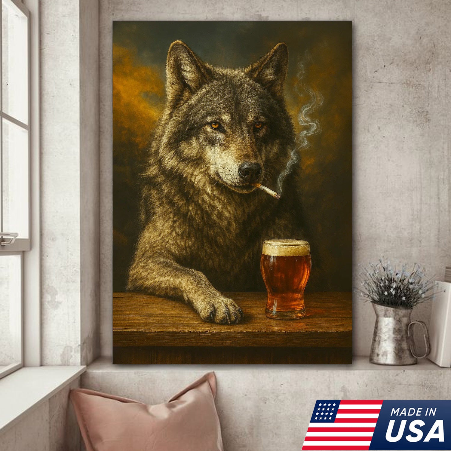 Rustic Gray Wolf Canvas Wall Art – Majestic Wildlife Bar Scene with Beer – Hunting Cabin Lodge Decor