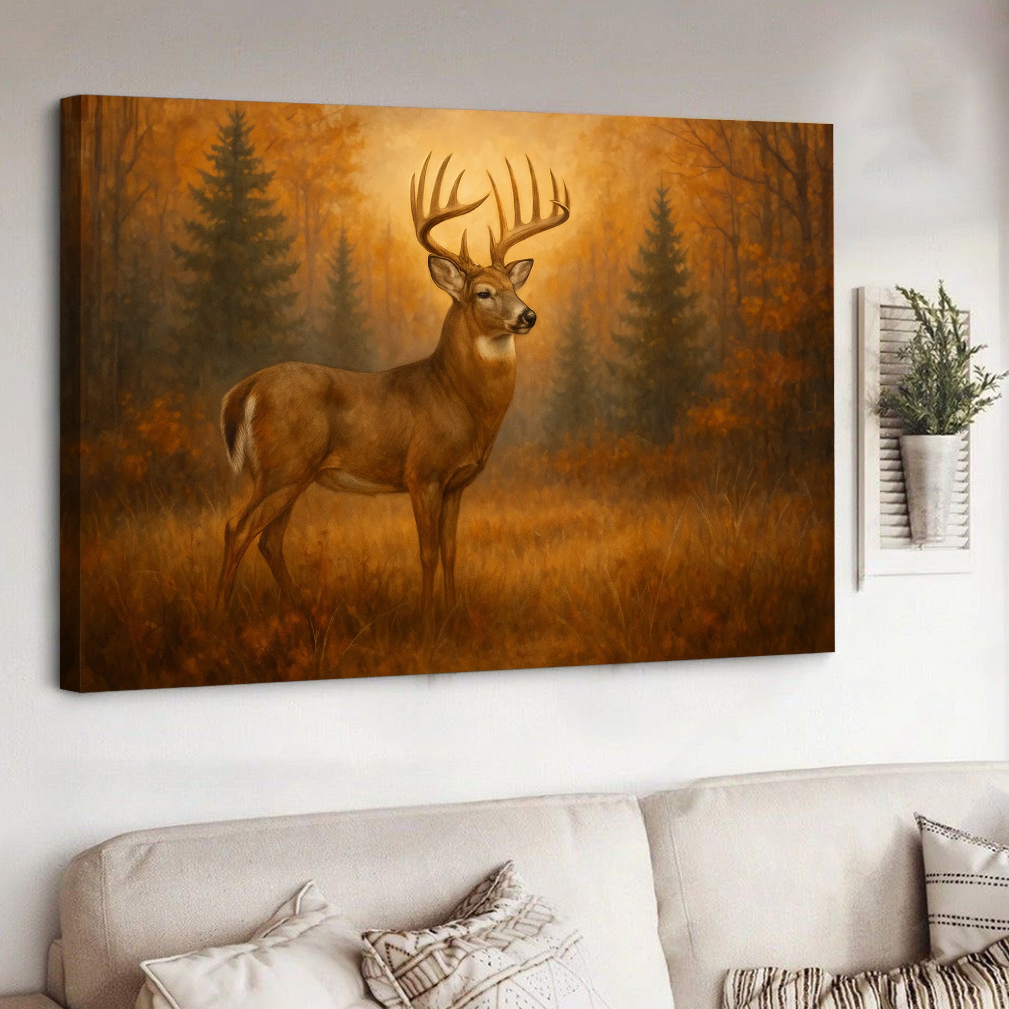 Deer In Autumn Forest Wall Art Canvas – Majestic Buck Hunting Cabin & Lodge Decor