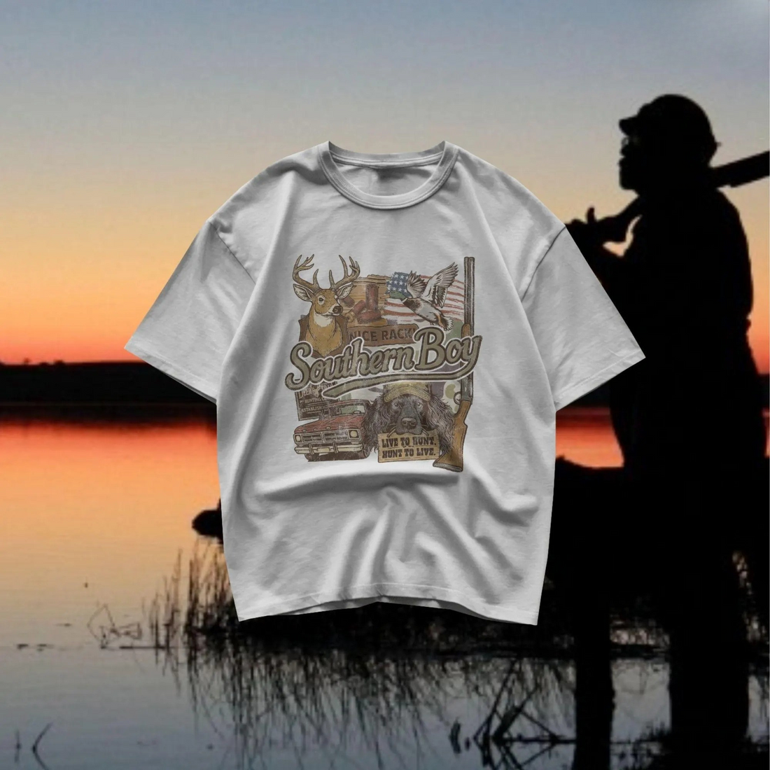 Southern Boy Collage T-Shirt, Duck Deer Dog Truck Southern Boy Hunting Shirt - American Hunter Shirt – Deer, Dog & Retro Graphic Tee