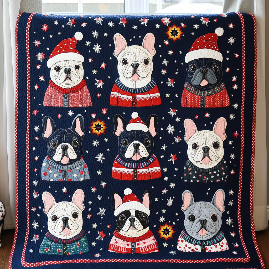 Adorable French Bulldog Christmas Quilt Blanket