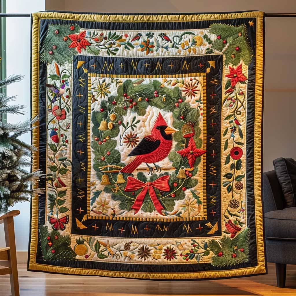 Christmas Cardinal Wreath Quilt Blanket