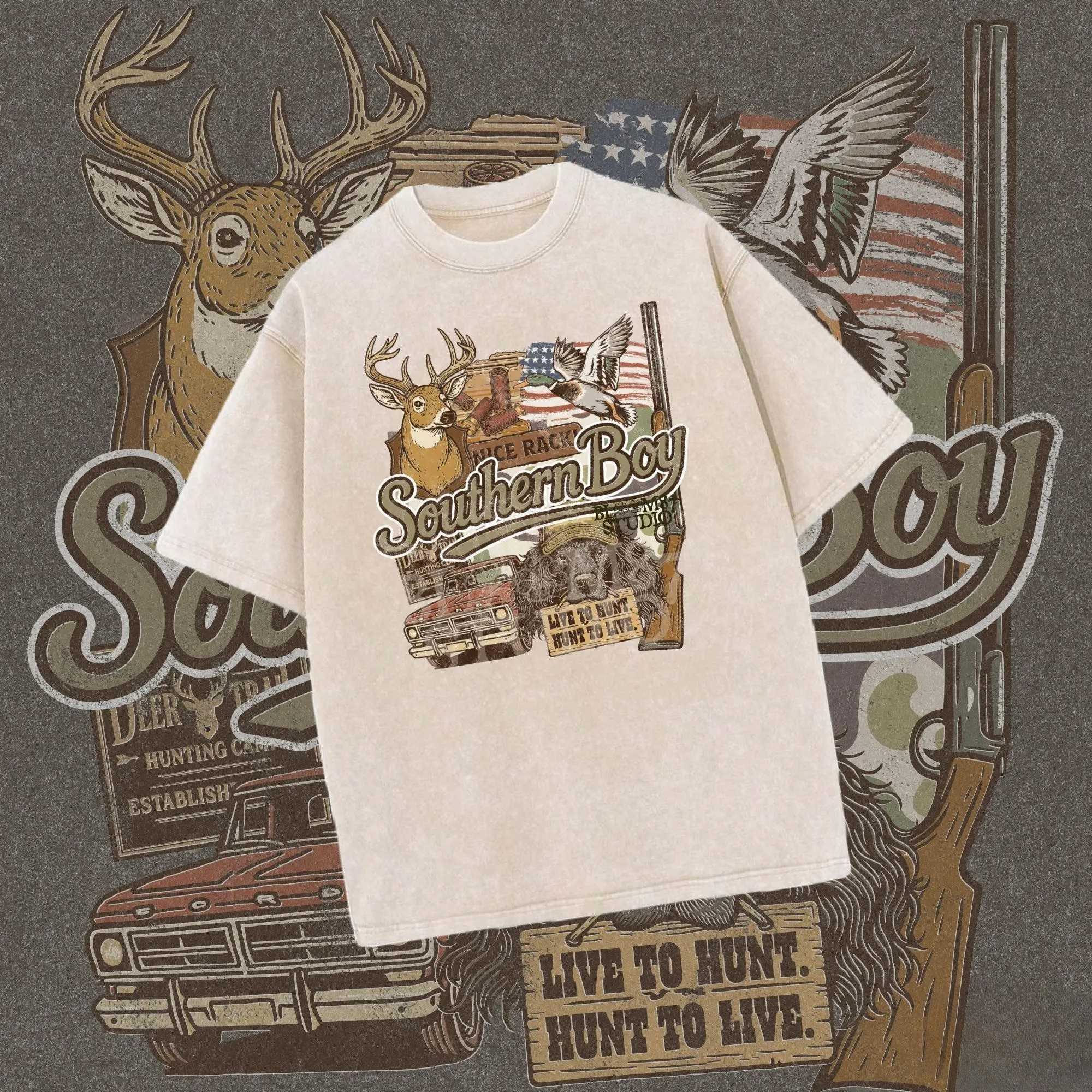 Southern Boy Collage T-Shirt, Duck Deer Dog Truck Southern Boy Hunting Shirt - American Hunter Shirt – Deer, Dog & Retro Graphic Tee