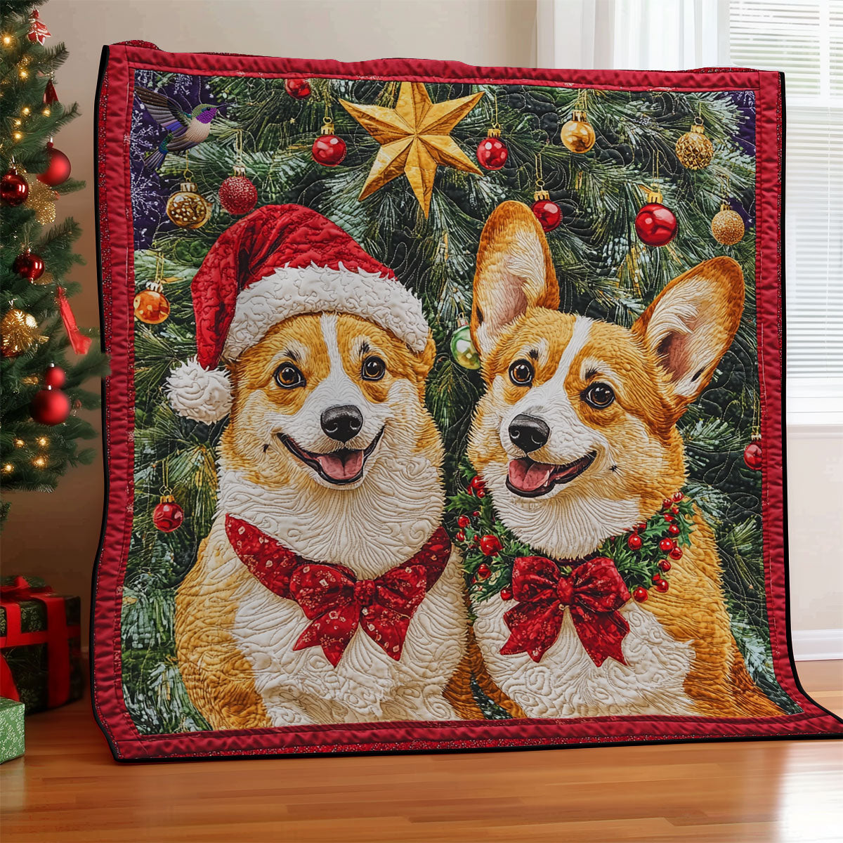 Christmas Couple Corgi Quilt Blanket