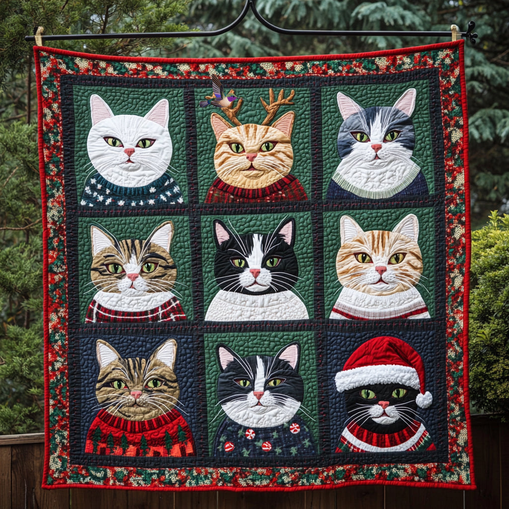 Christmas Cat Twinkle Lights Quilt Blanket