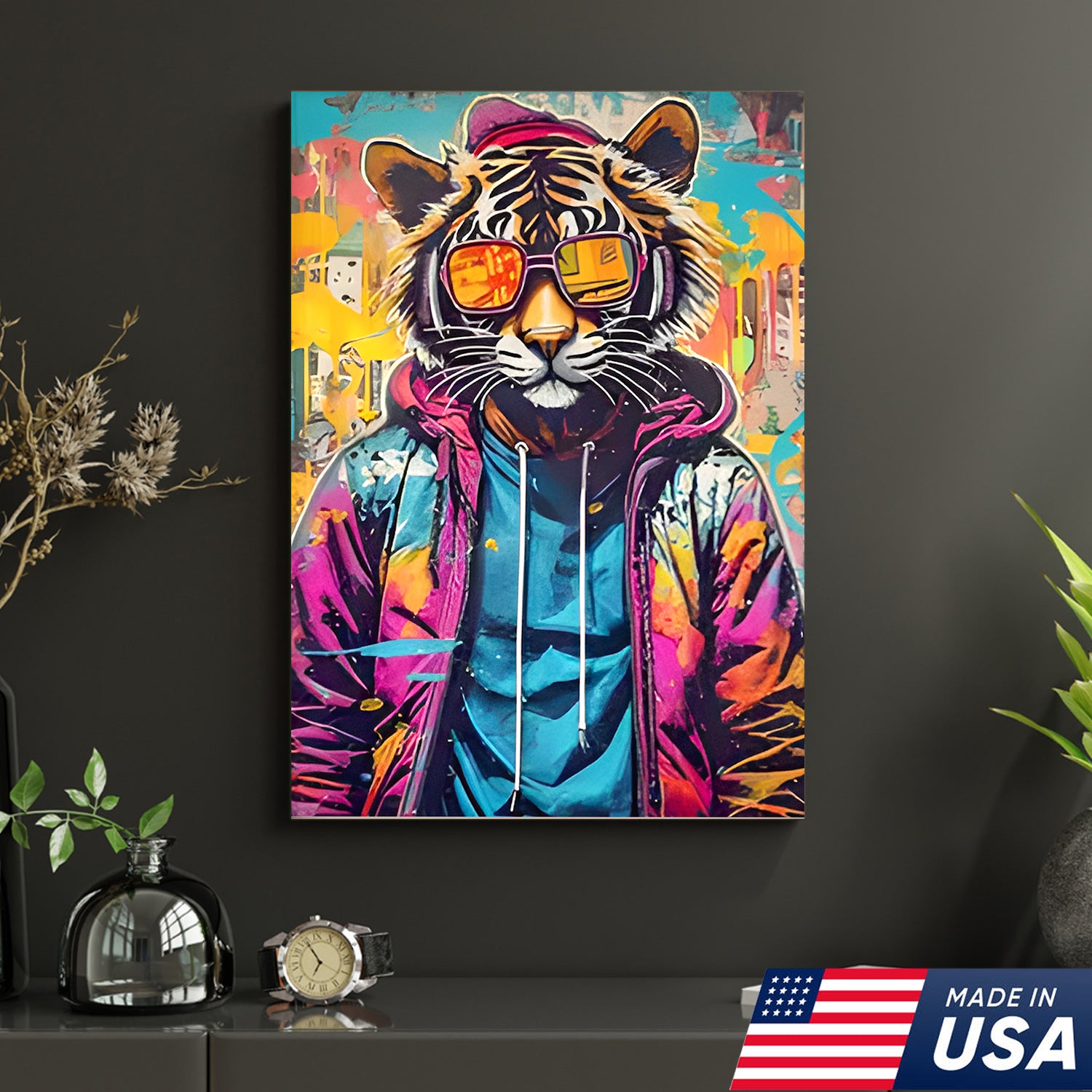 Neon Graffiti Animals Triptych Canvas Wall Art Set, Tiger Bear Gorilla Street Art Prints